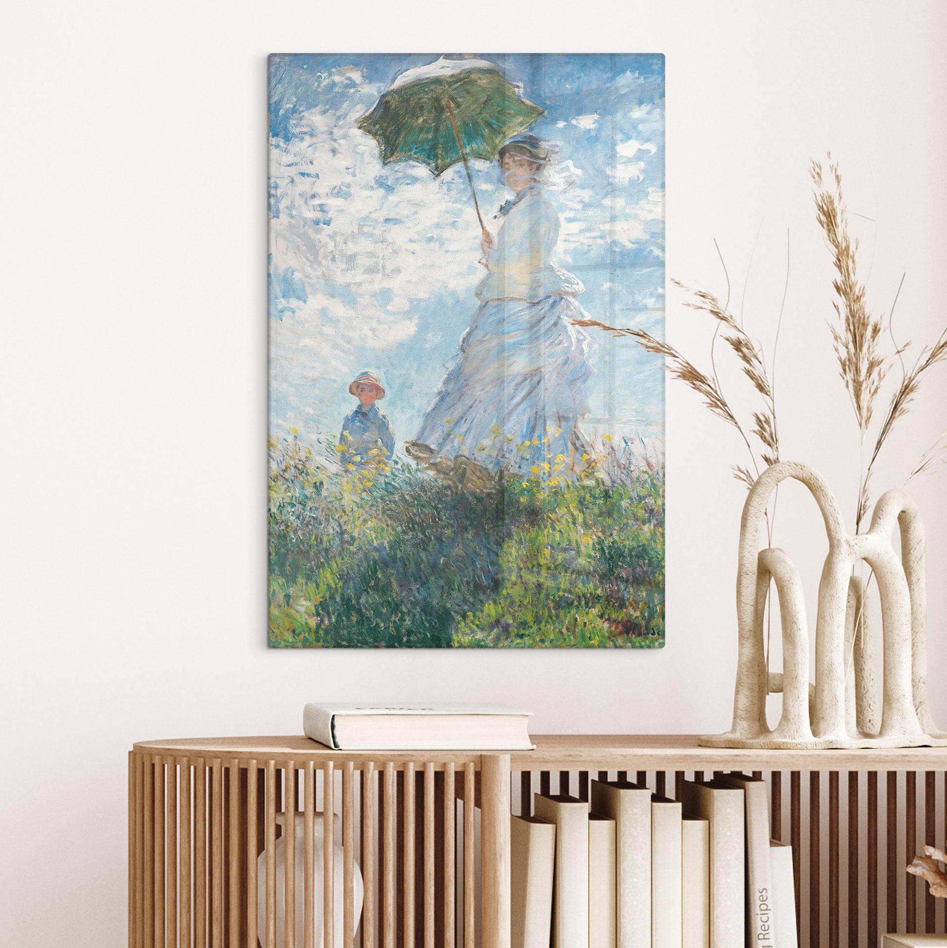 Glasschilderijen Monet - Vrouw met parasol - Madame Monet en haar zoon