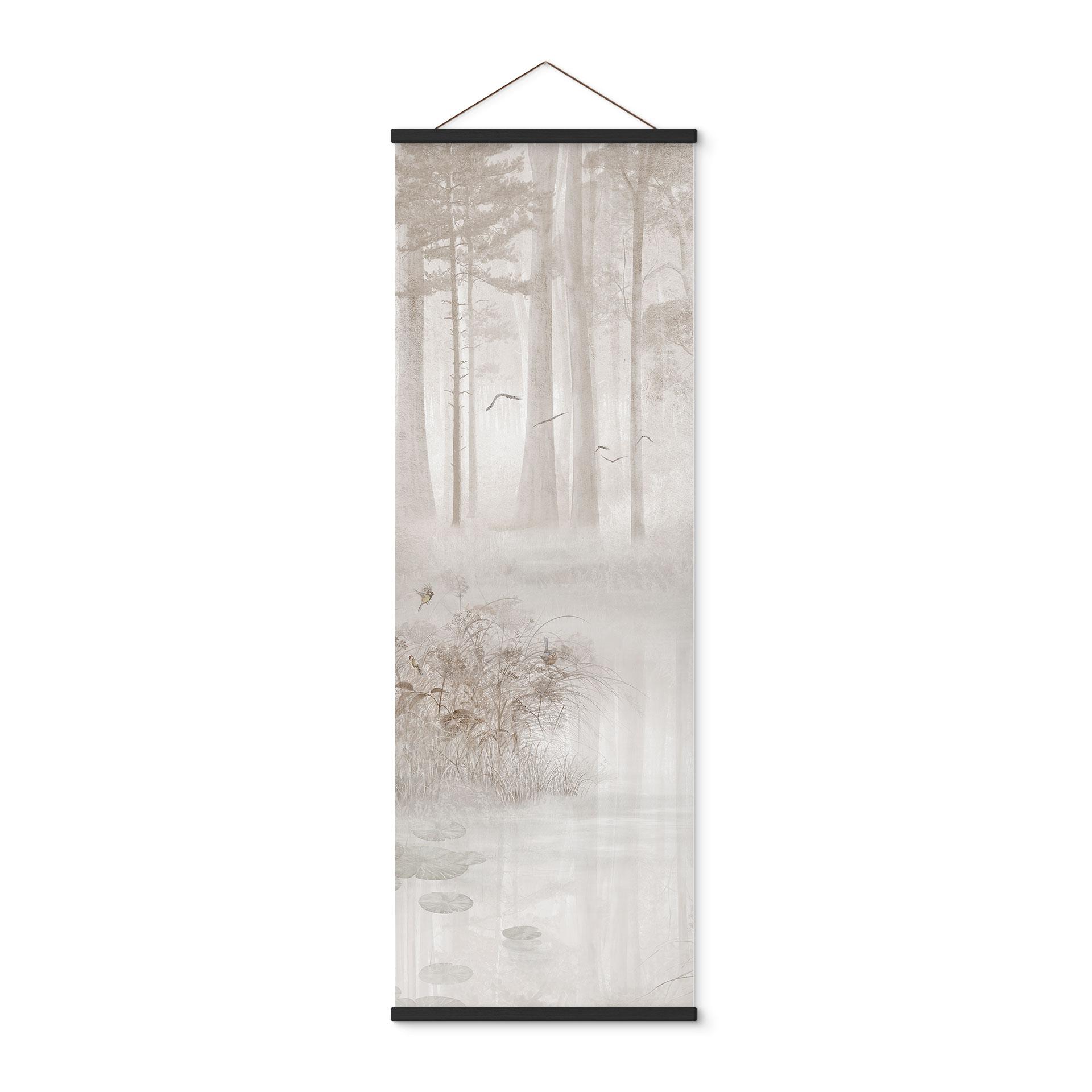 Textielposter Bos bij het meer in mist in beige - Ms Tiff - Panorama