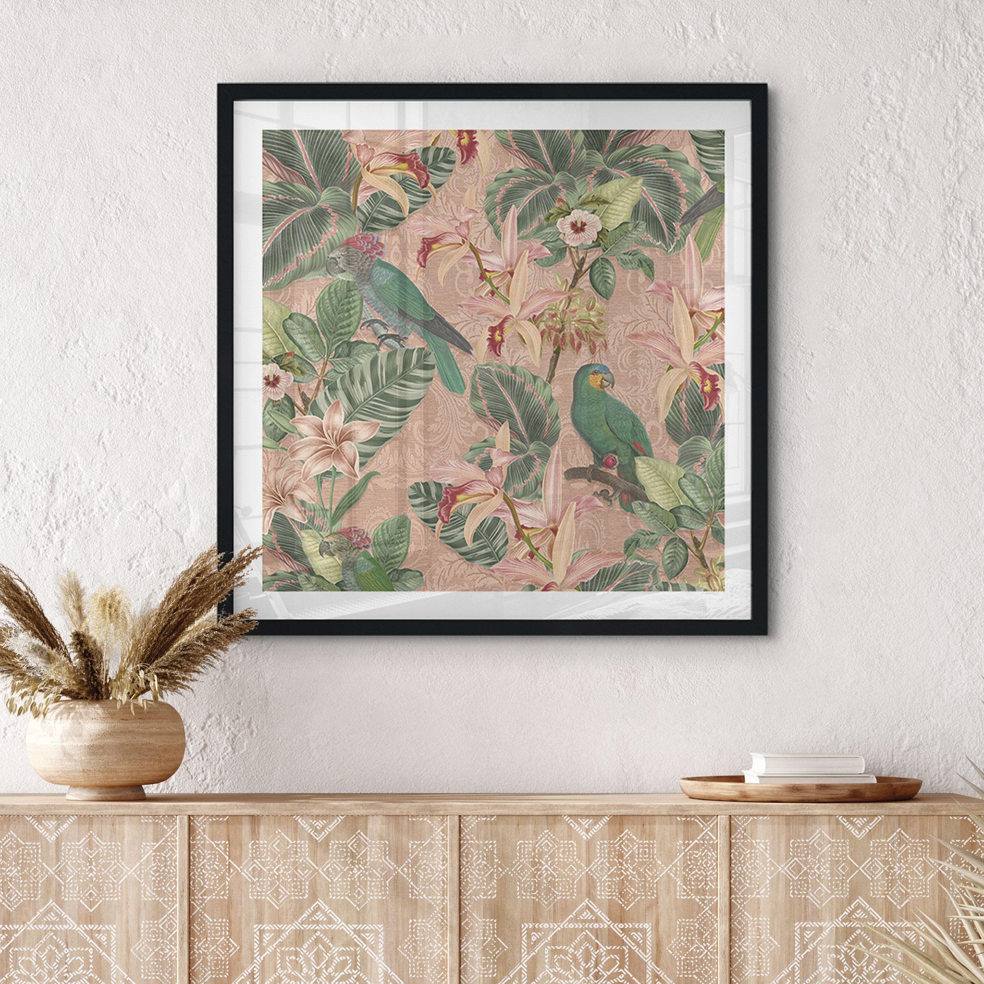 Botanik Plakat Jungle med papegøjer Pink - Bloomery Decor - Square