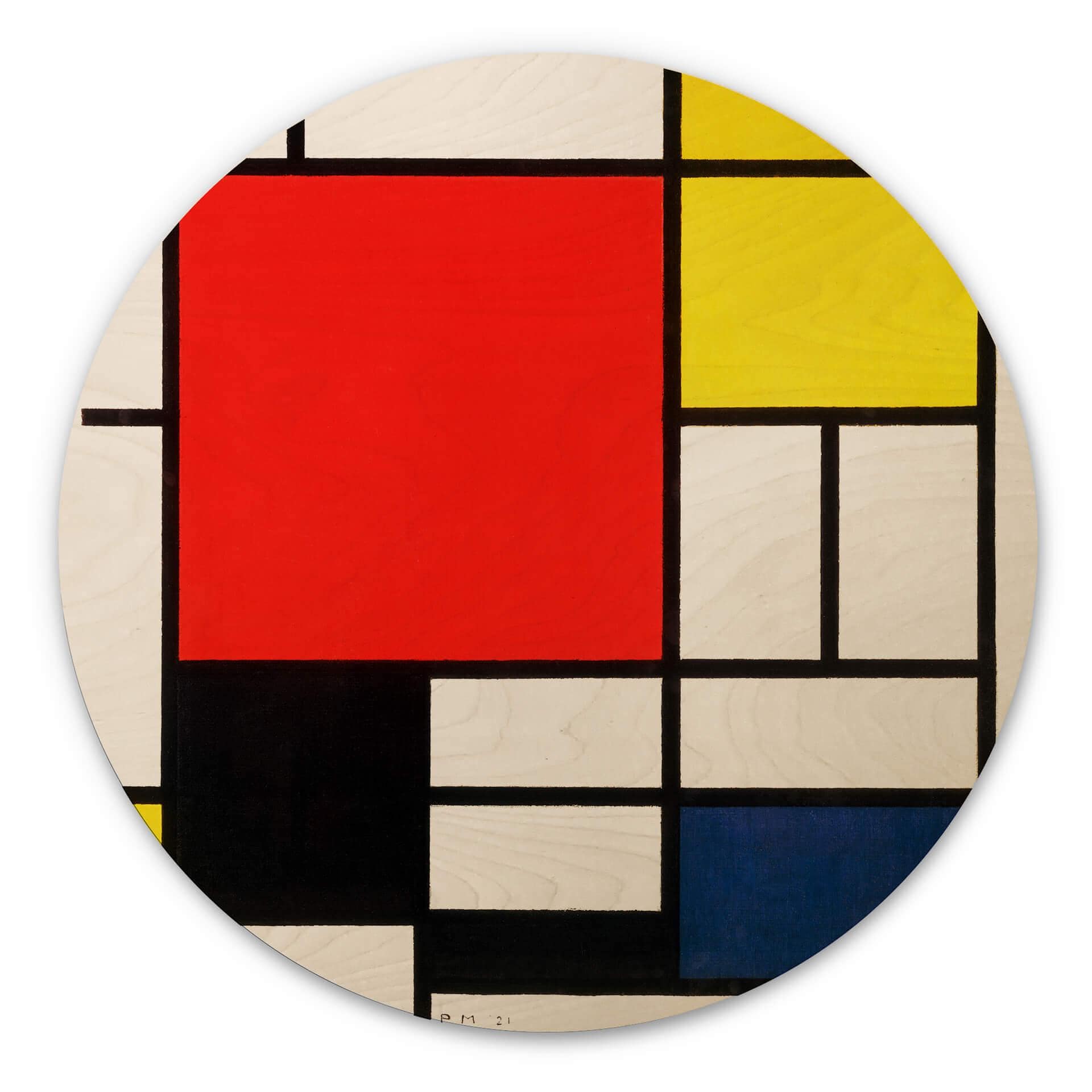 Mondrian Billede af træ - Komposition med rød gul blå og sort - Rund