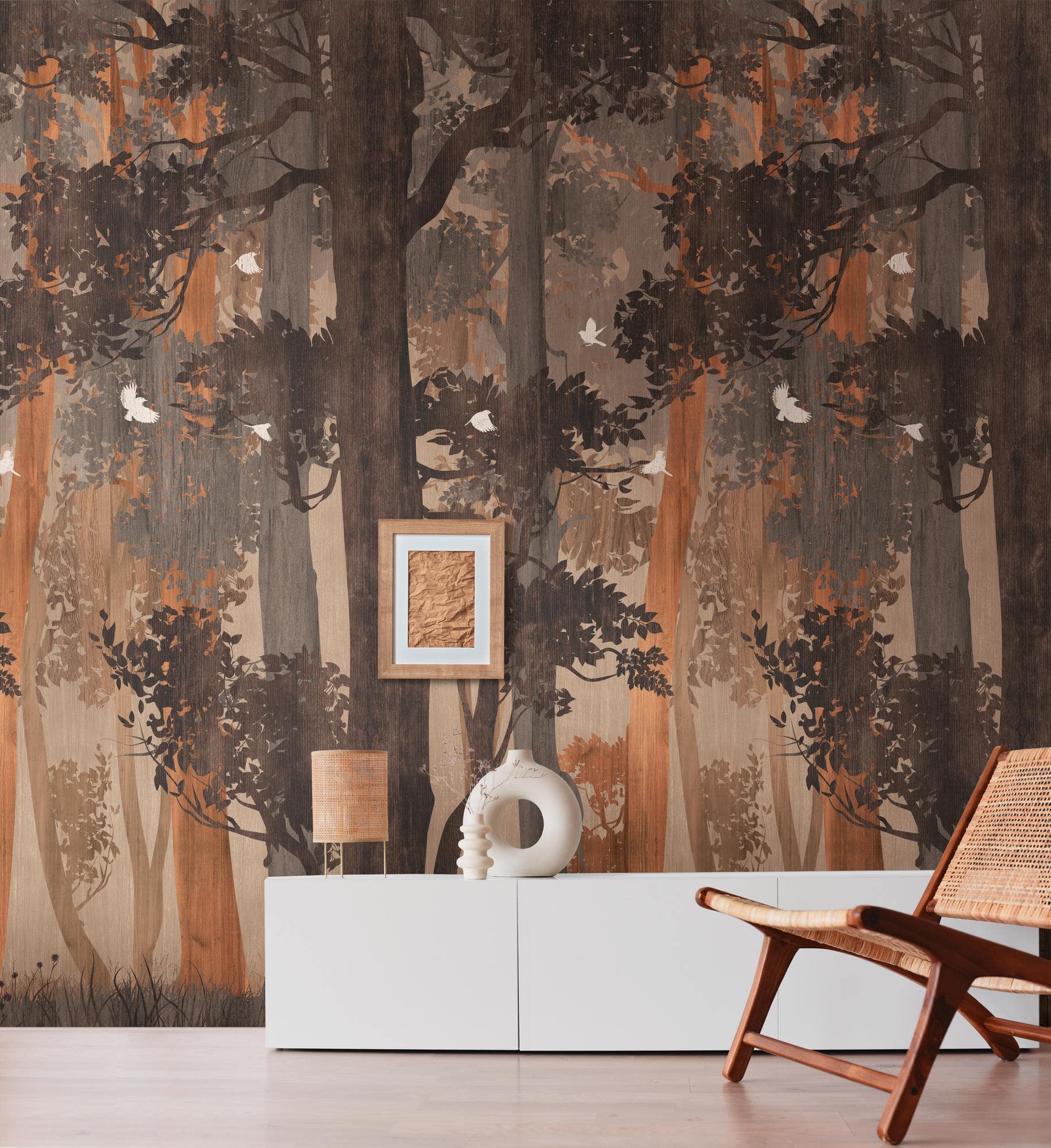 skovtapet brun beige - non-woven tapet botanisk Livingwalls - mat og glat