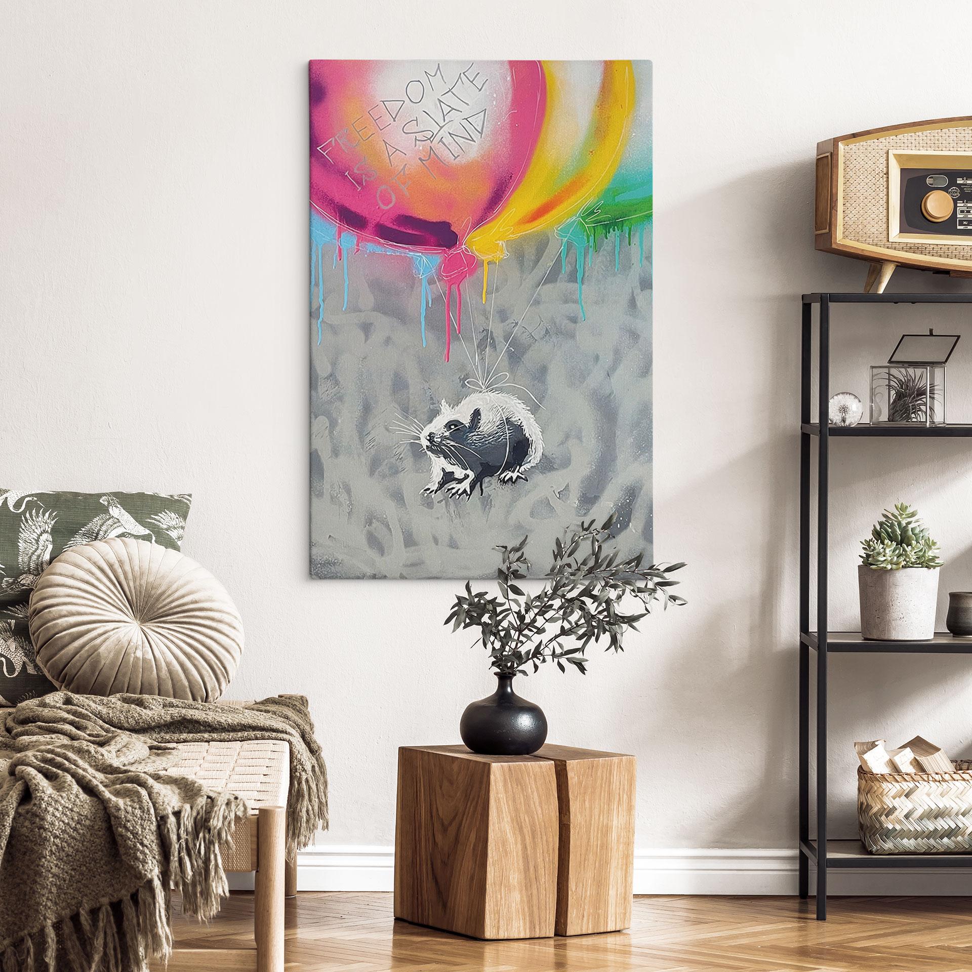 Canvas schilderij Streetart Rat Freedom Ballonnen - Habib