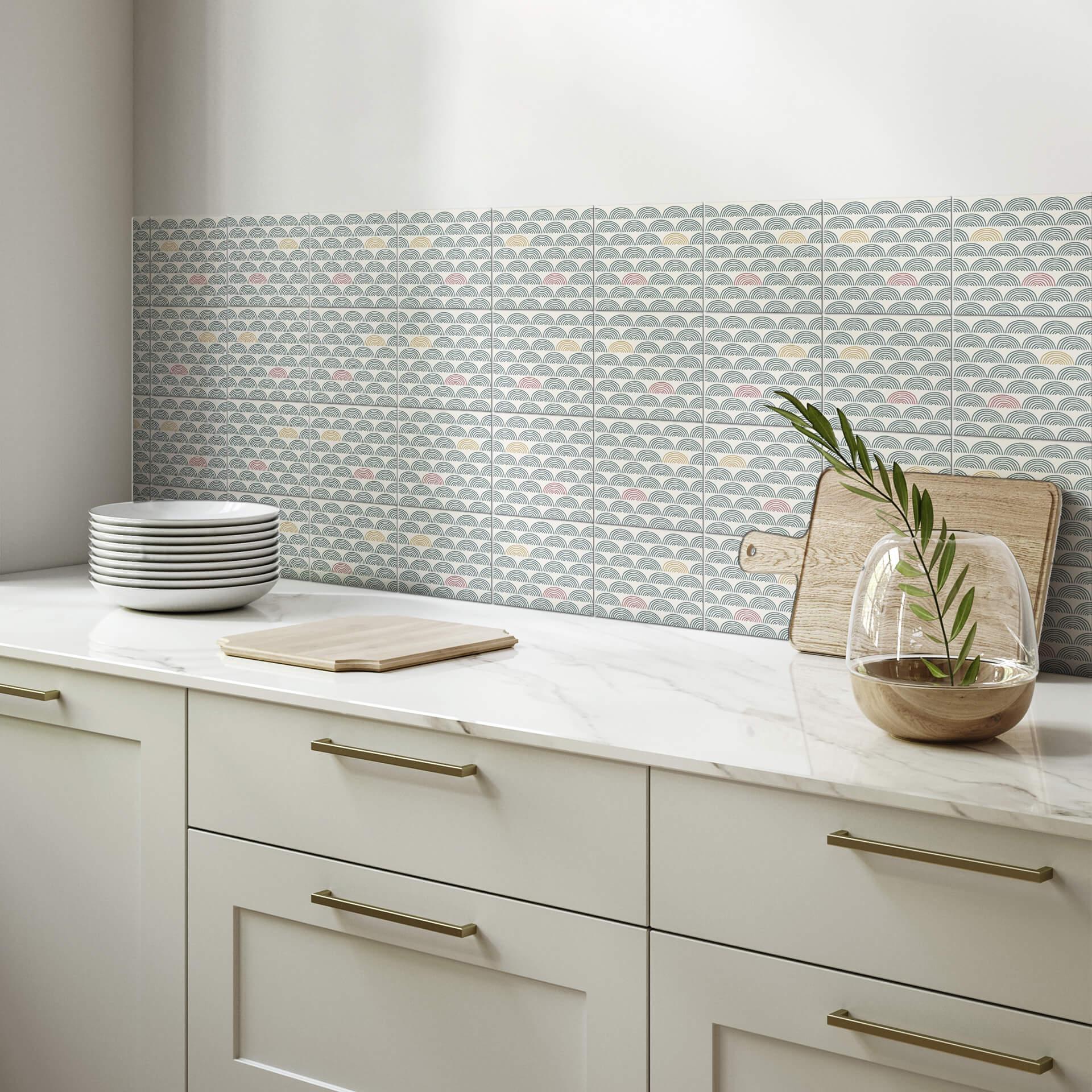 Azulejos Adhesivos Boho - abanico eucalipto rojo y dorado - lote de 12