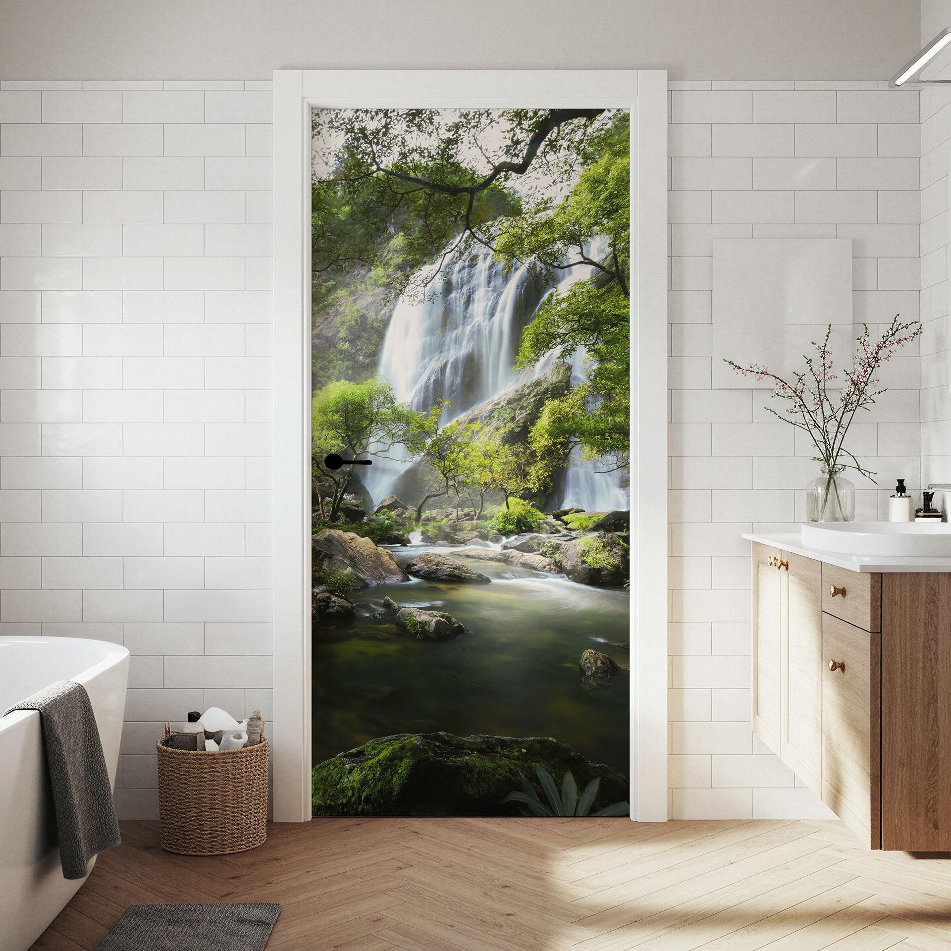 Vinilo puerta cascada en el bosque - Foto - Decoración autoadhesiva para puertas