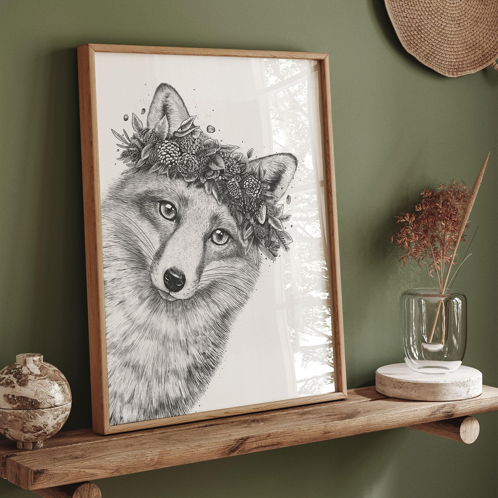 Póster Zorro blanco y negro con corona de flores - Korenkova