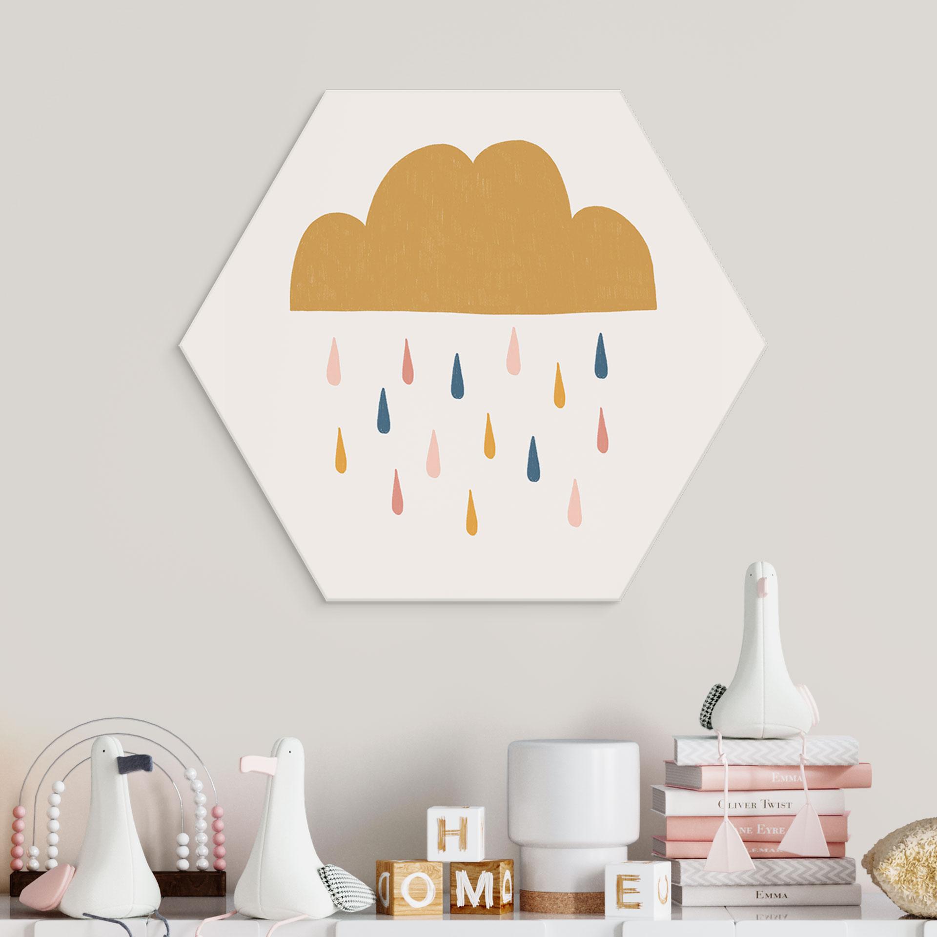 Hexagon Wandbild Fröhlicher Regen in Pastelltönen - Menina Lisboa - Alu-Dibond