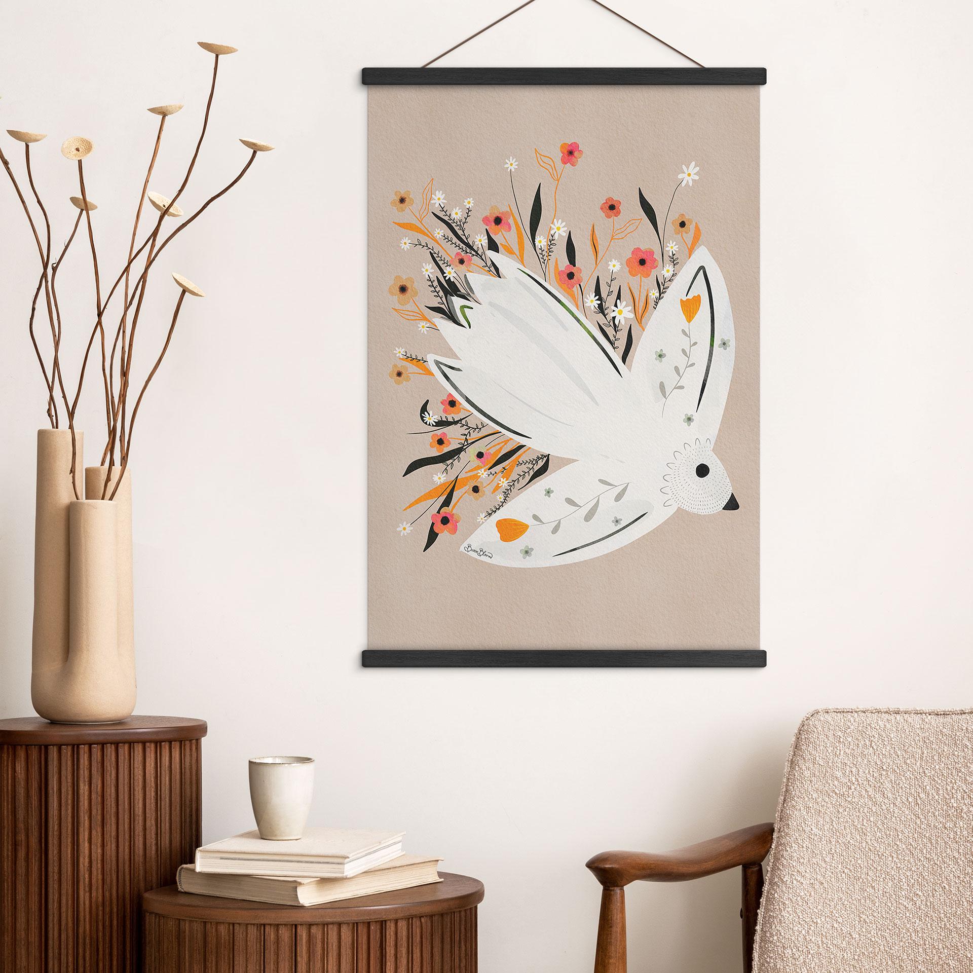 Tekstil plakat Fredsdue med små blomster - Bloom