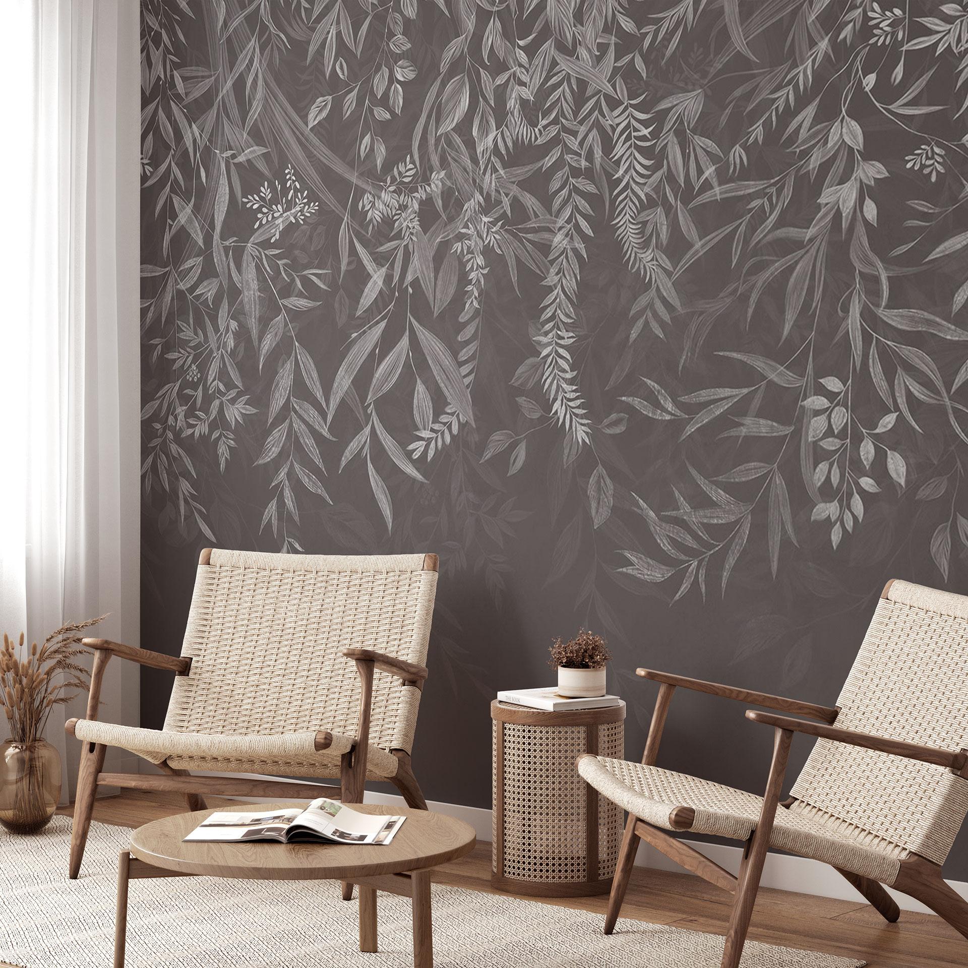 Fotobehang slaapkamer natuurmotief - elegante wilgentakken in donkergrijs - Ms Tiff