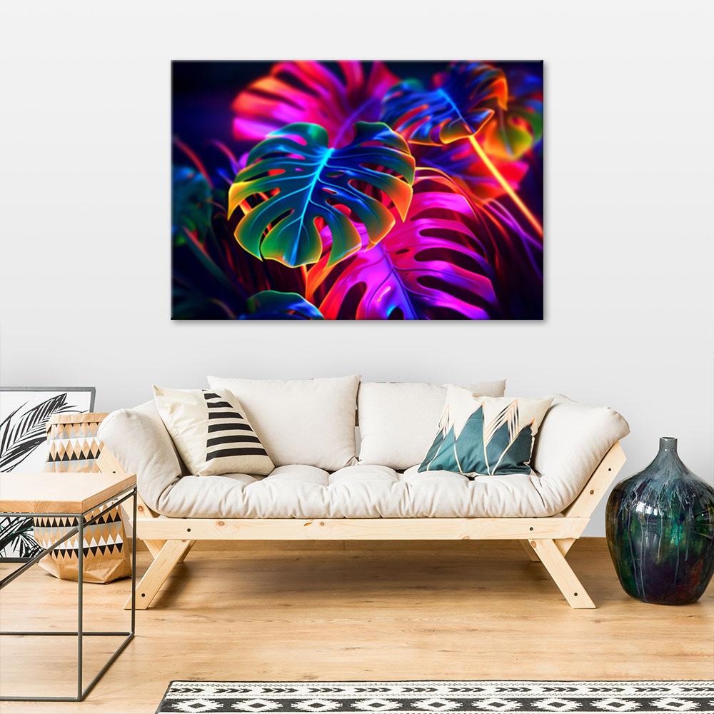 Canvasbillede, Monstera-blade i fluorescerende farver