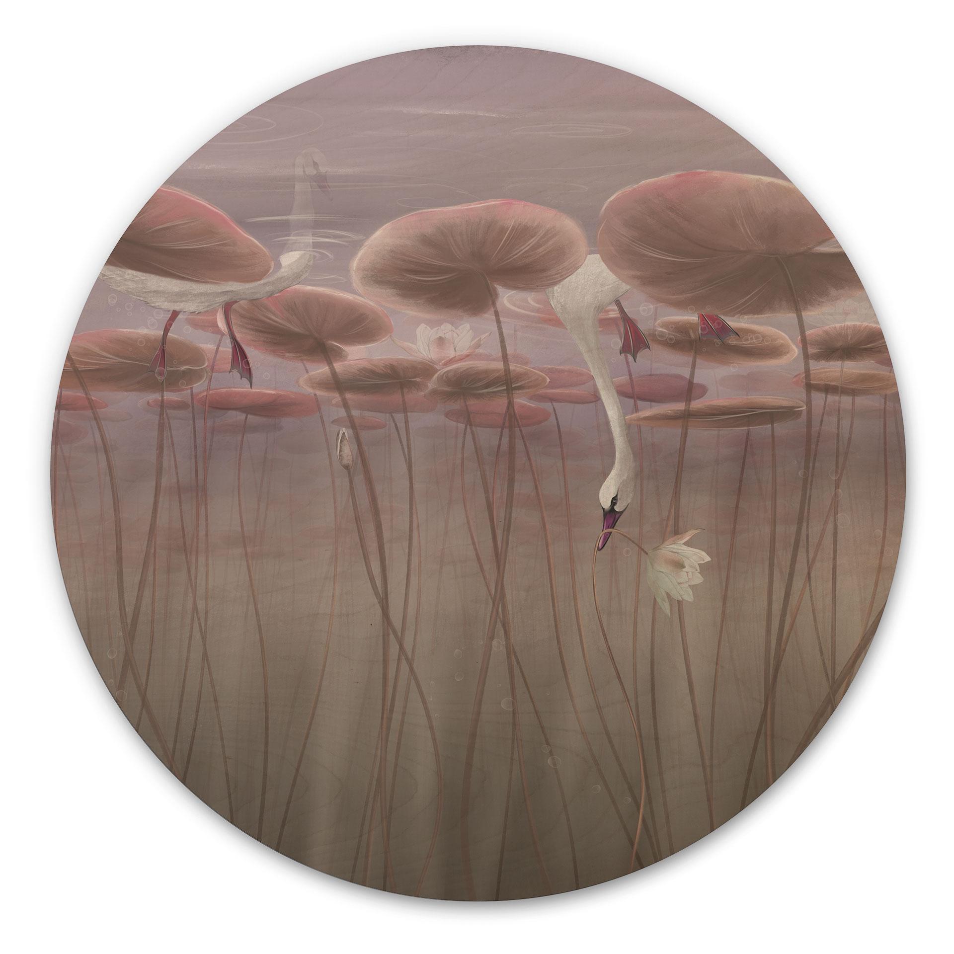 Houten Wanddecoratie lotusbloemen met zwaan in het water in donkerroze - Ms Tiff - Rond