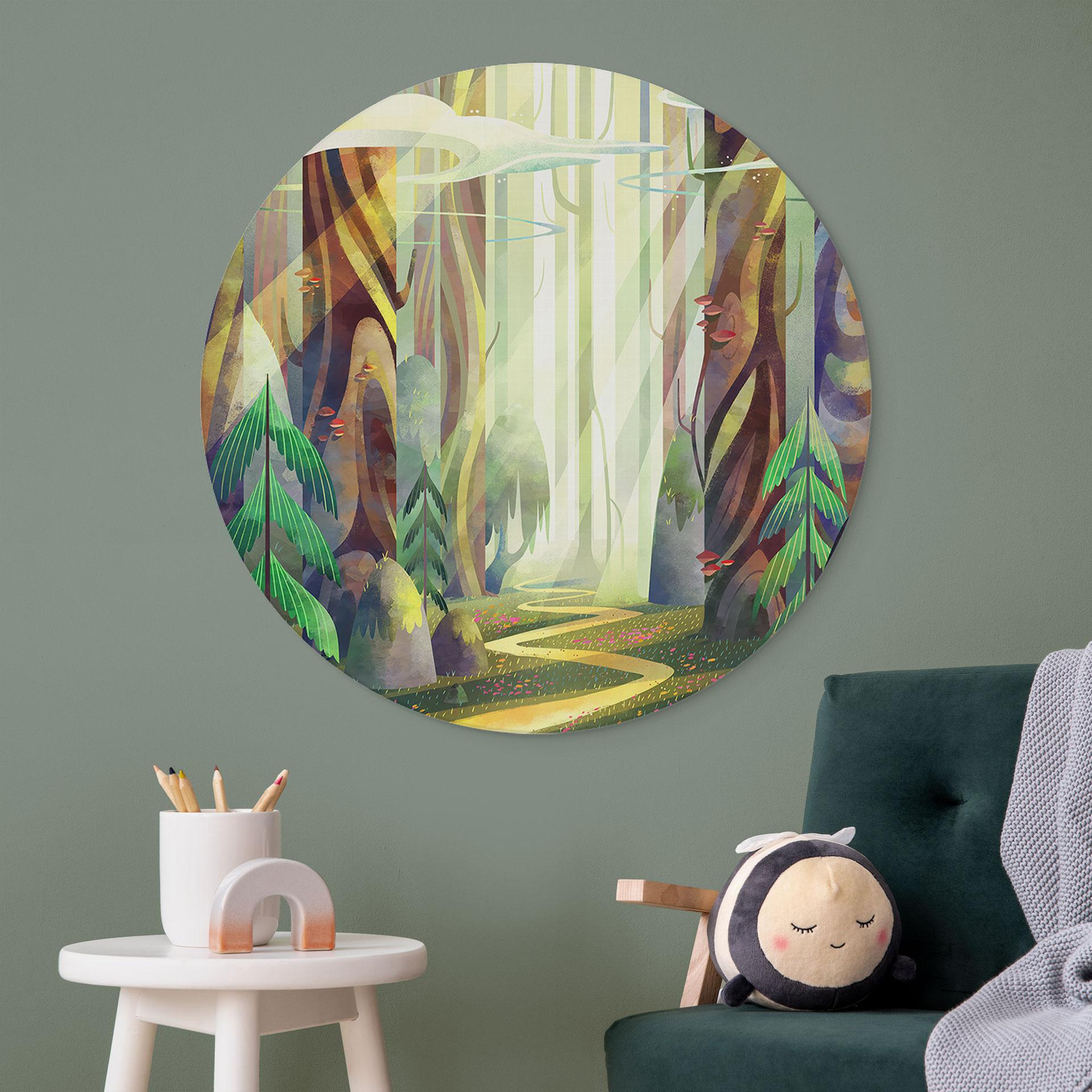 Fototapet Fortryllet skov i lyset - DigitalArtsi - Rund – print på aluminium (Alu-Dibond)