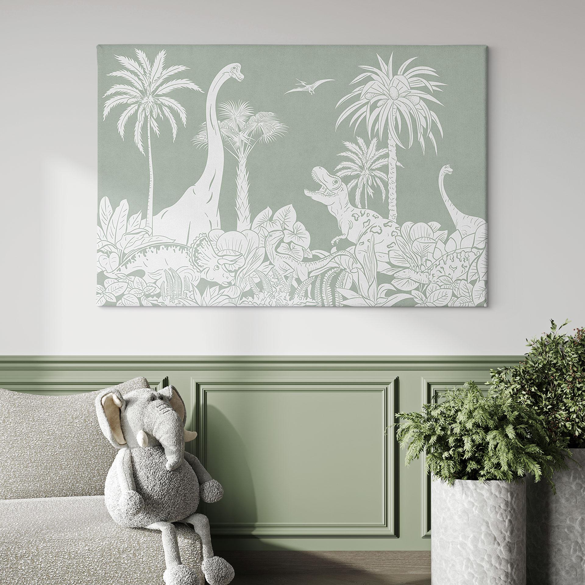 Canvasbillede Grønne urtidsverdener - Dinosaurer under palmer - Kikki Belle