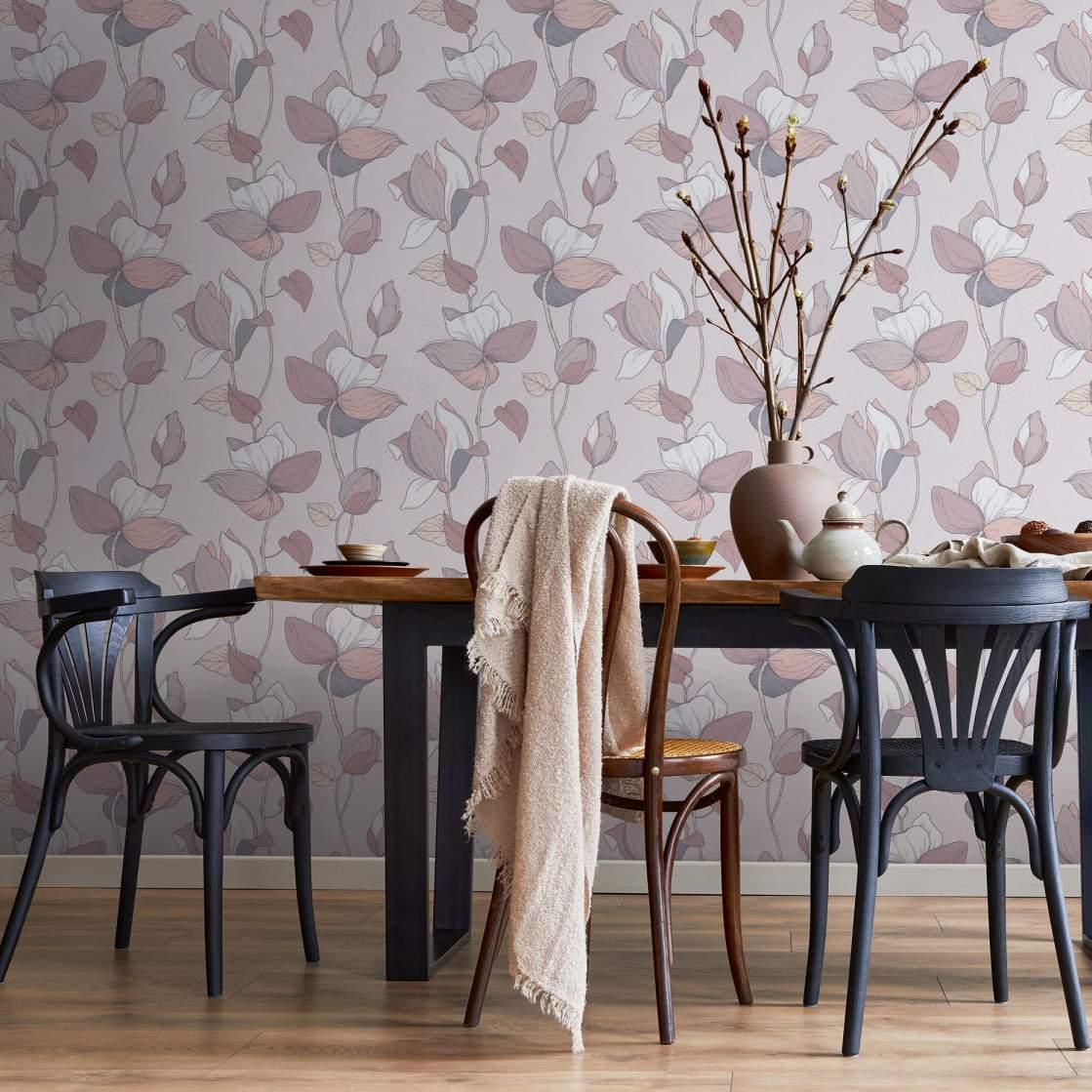Tapet, non-woven blomstertapet Flora grå, brun