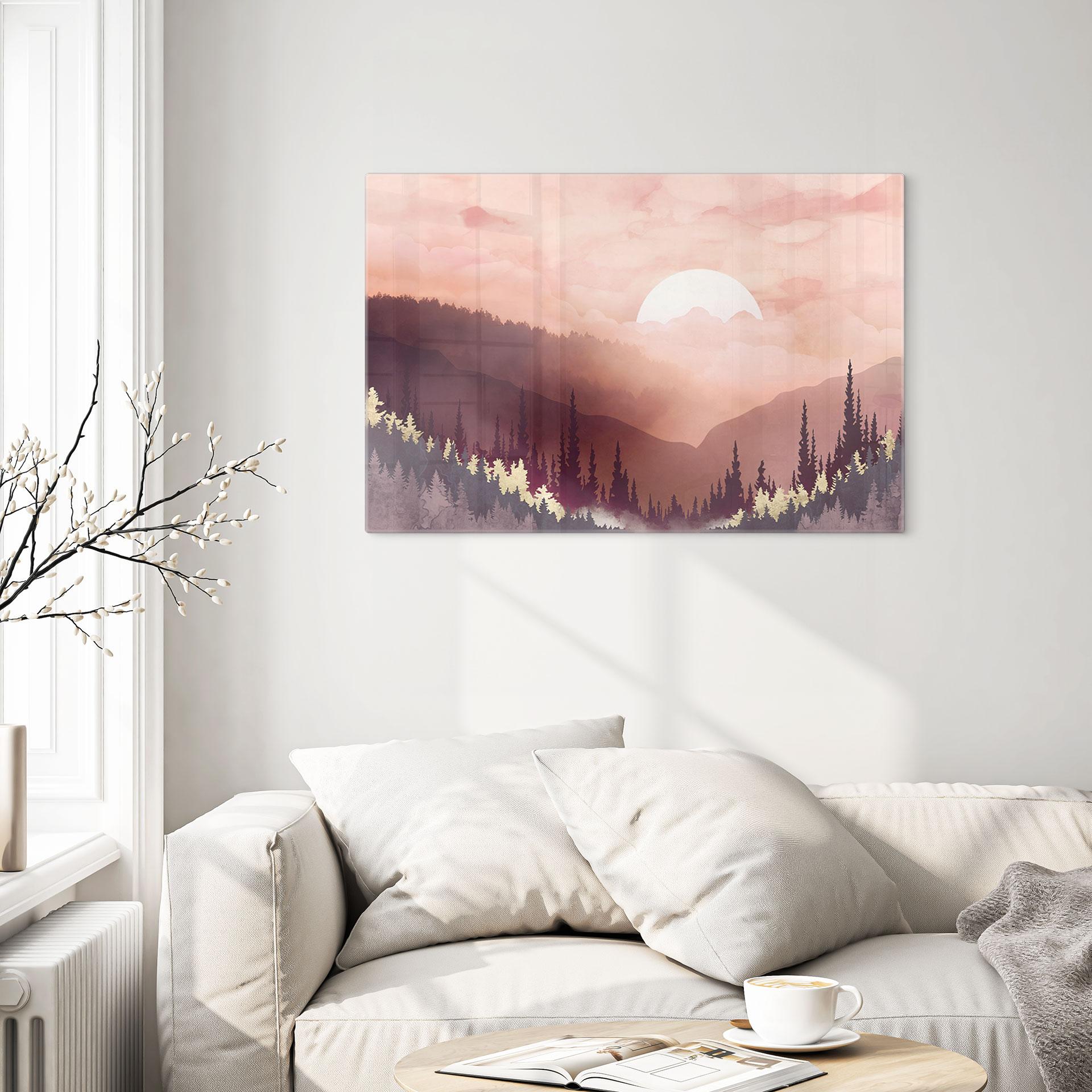 Glasbillede - Lyserød solnedgang over skoven - SpaceFrog Designs