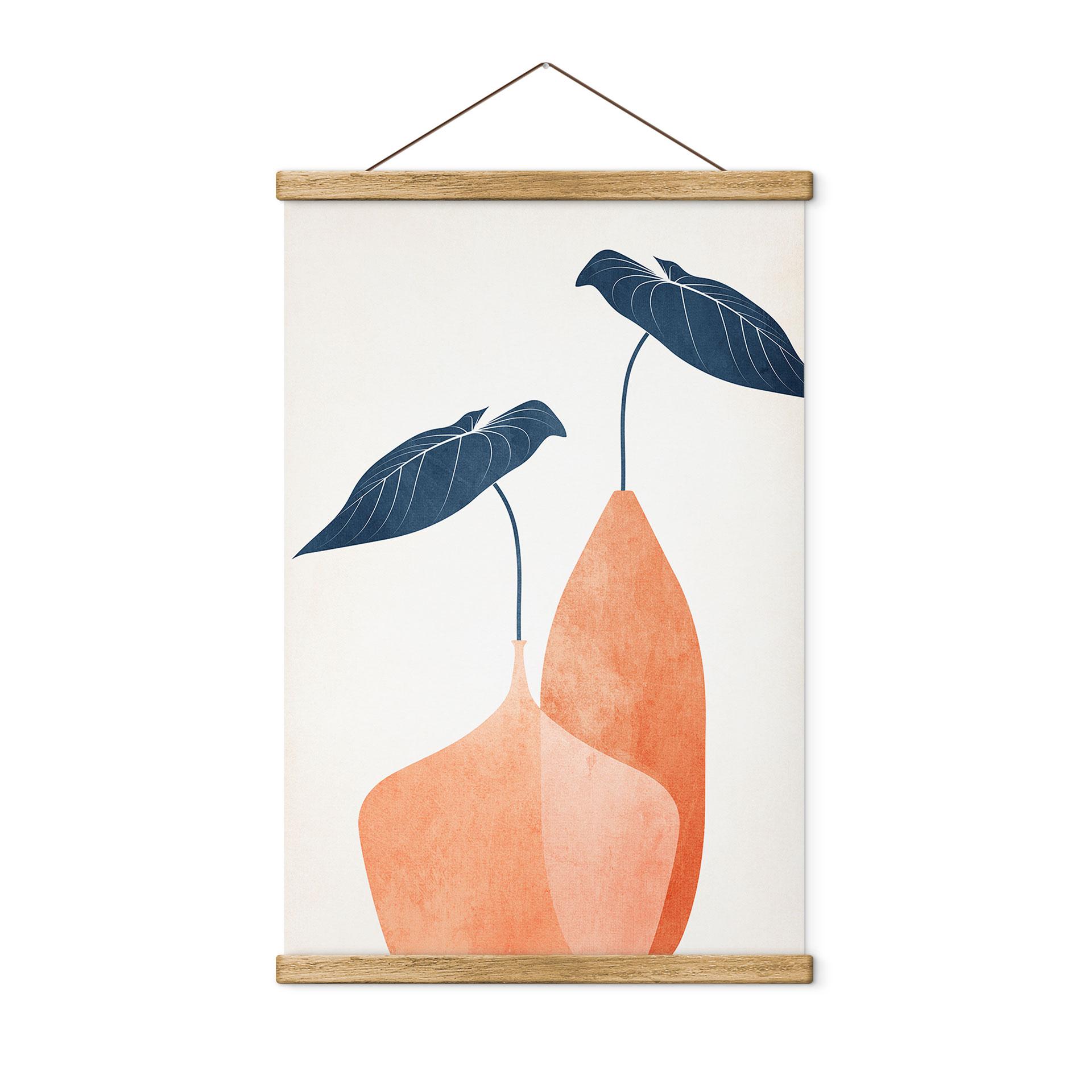 Tekstil plakat Monstera-blade i to abrikosfarvede vaser - Kubistika