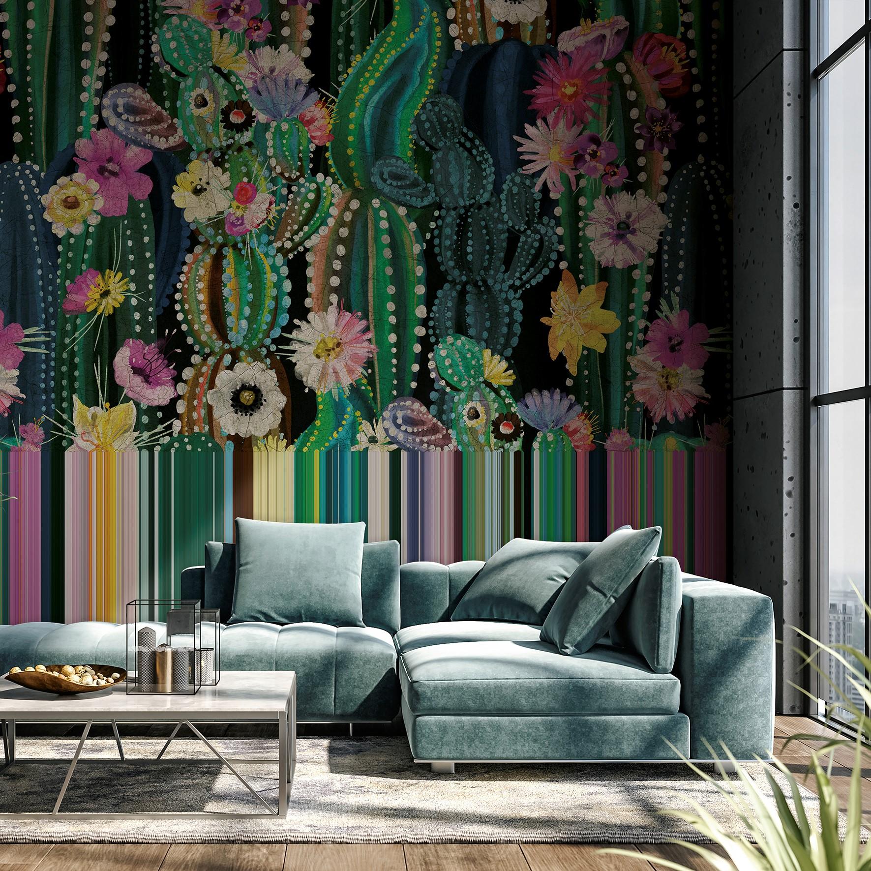 Papier peint photo motif Jardin de cactus avec fleurs multicolores et motifs à pois en 3,4 x 3,18 m