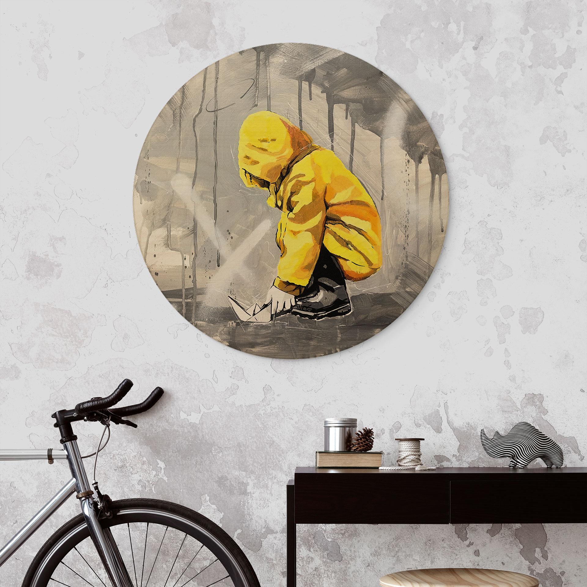 Holzbild Kind mit Papierschiff Streetart - Habib - Rund
