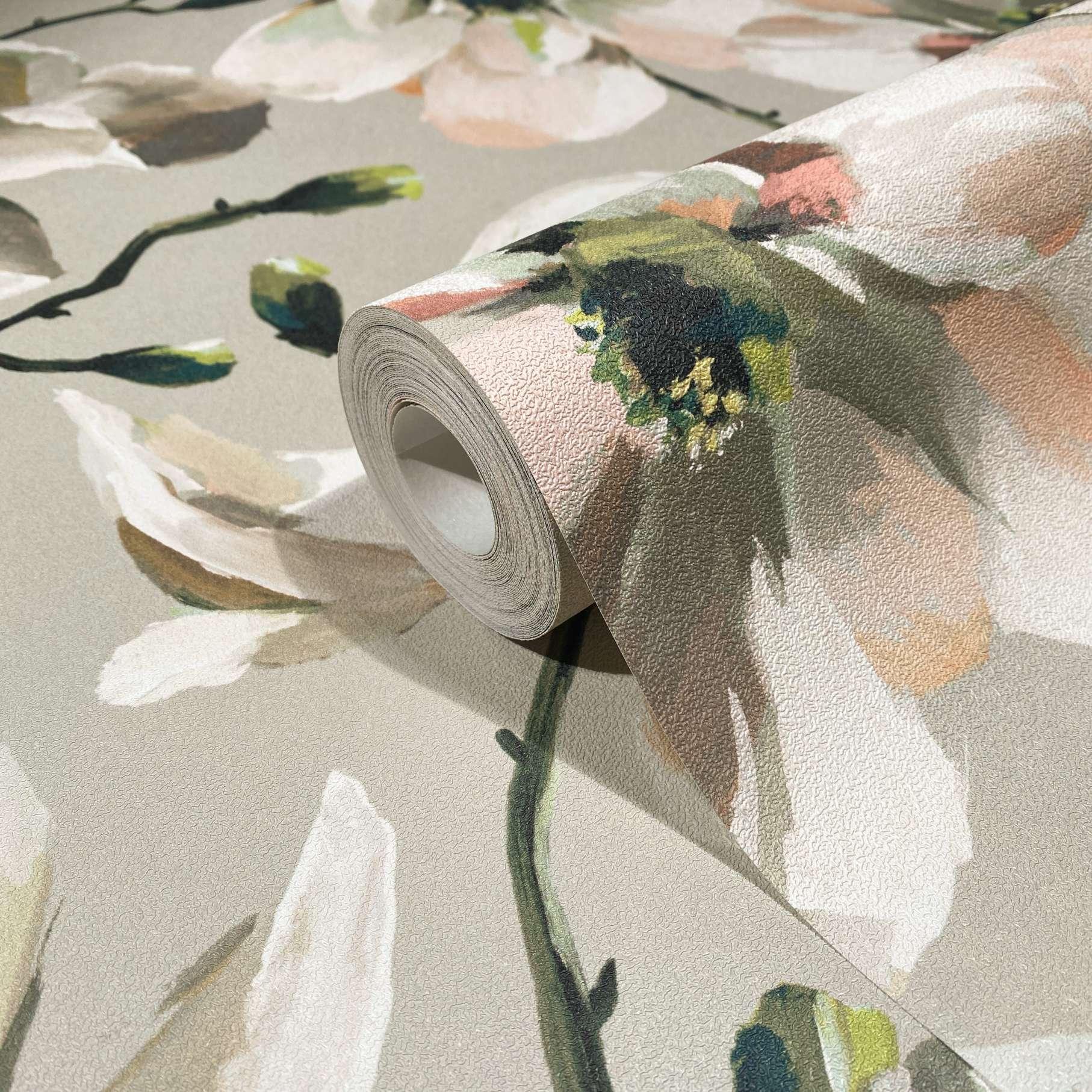 behang, vlies bloemen behang Flora beige, wit