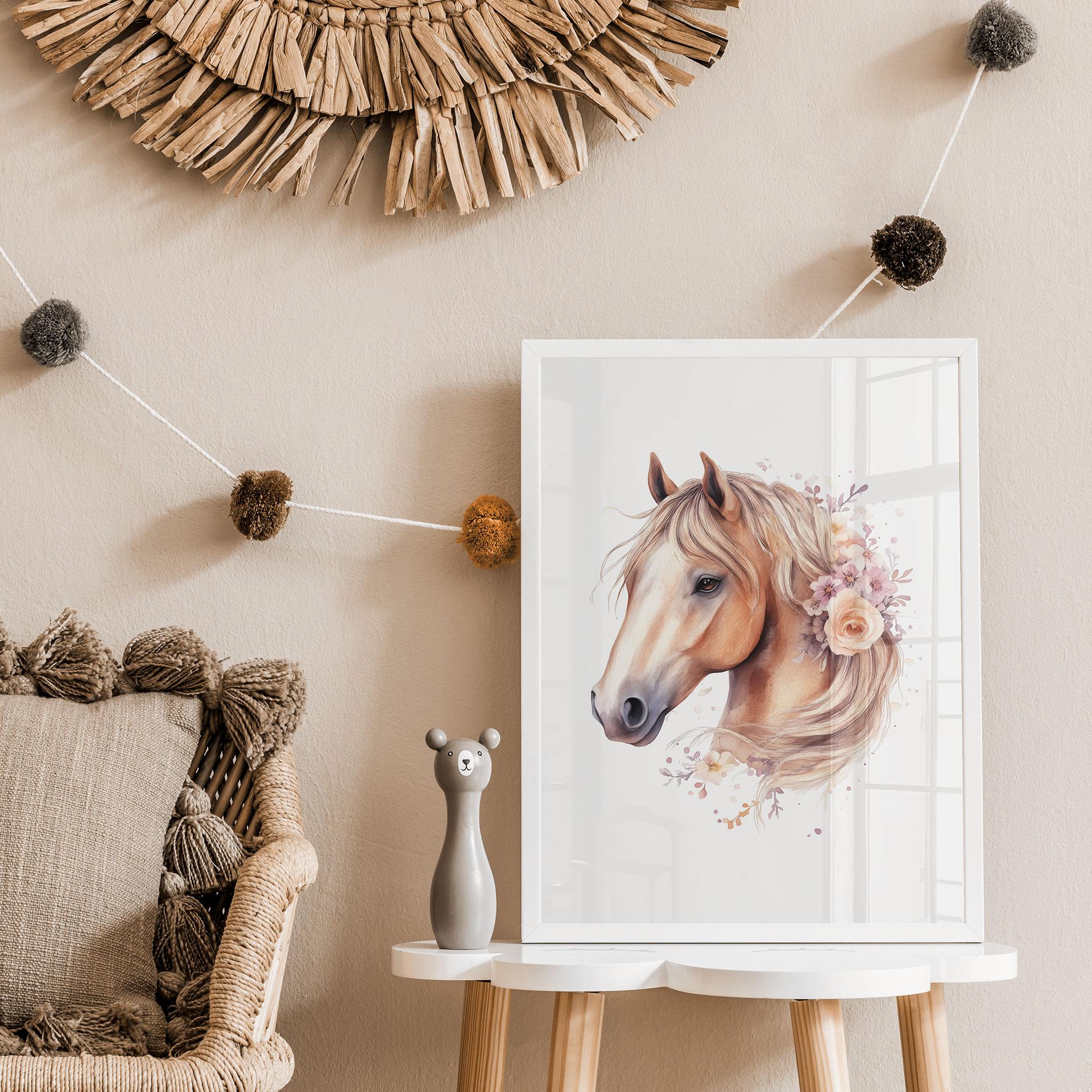 Plakat Boho-hest med blomstermanke | Hesteportræt til børneværelset