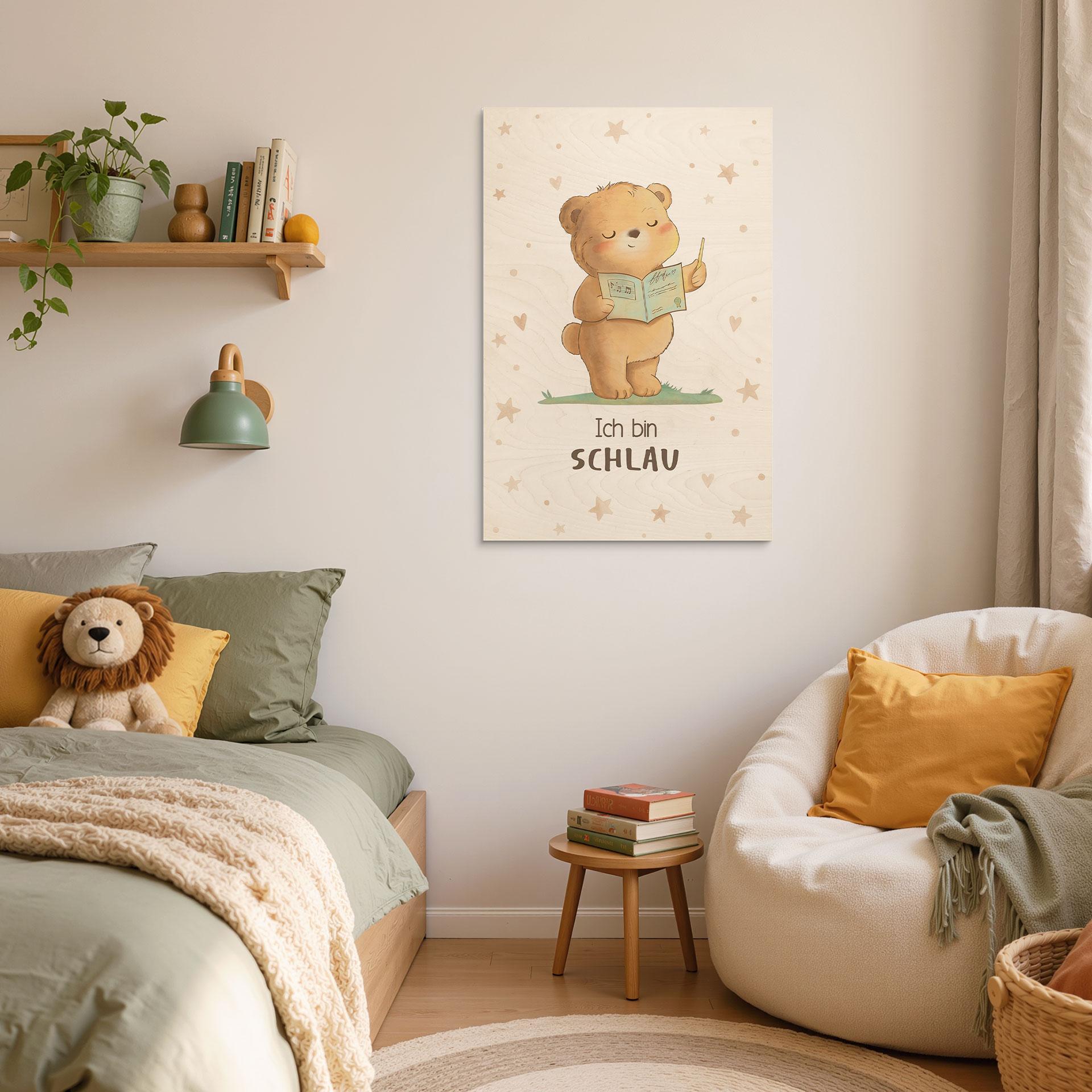 Holzbild mit lesendem Bär - Glaubenssatz 'Ich bin schlau' fürs Kinderzimmer