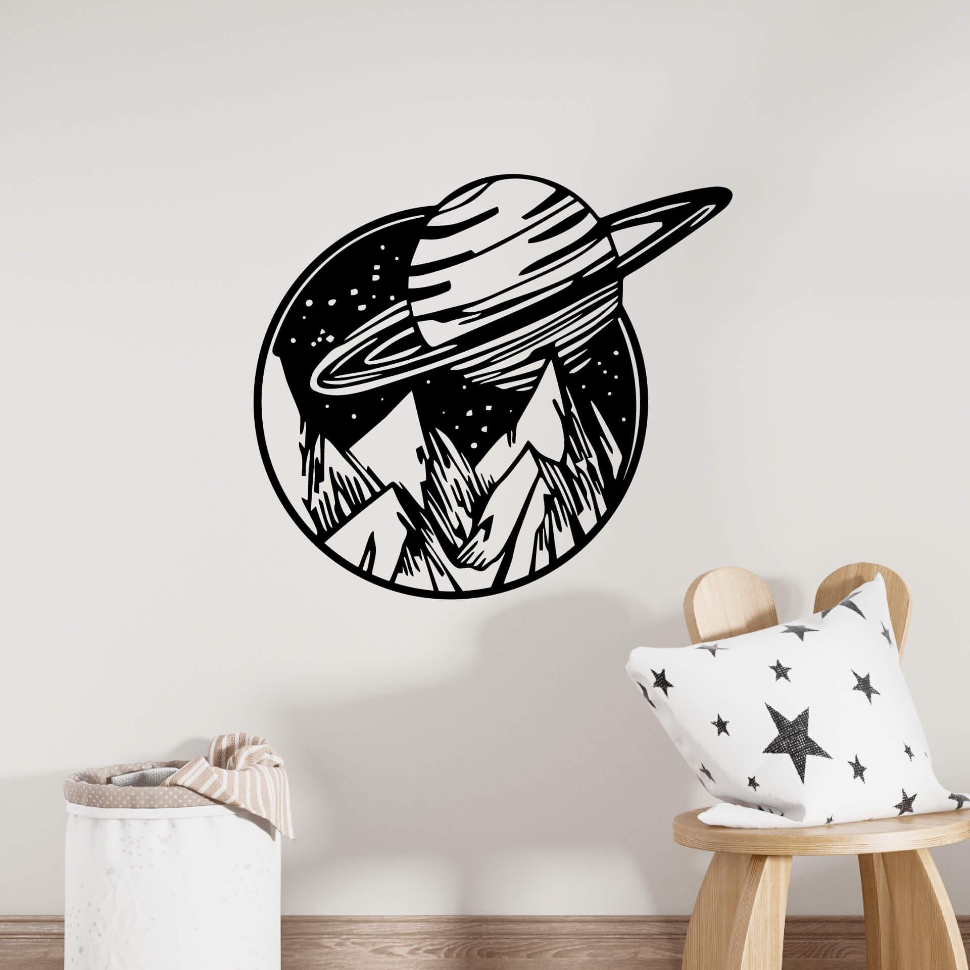 Wandtattoo Weltraum - Saturn über Berglandschaft - Rund