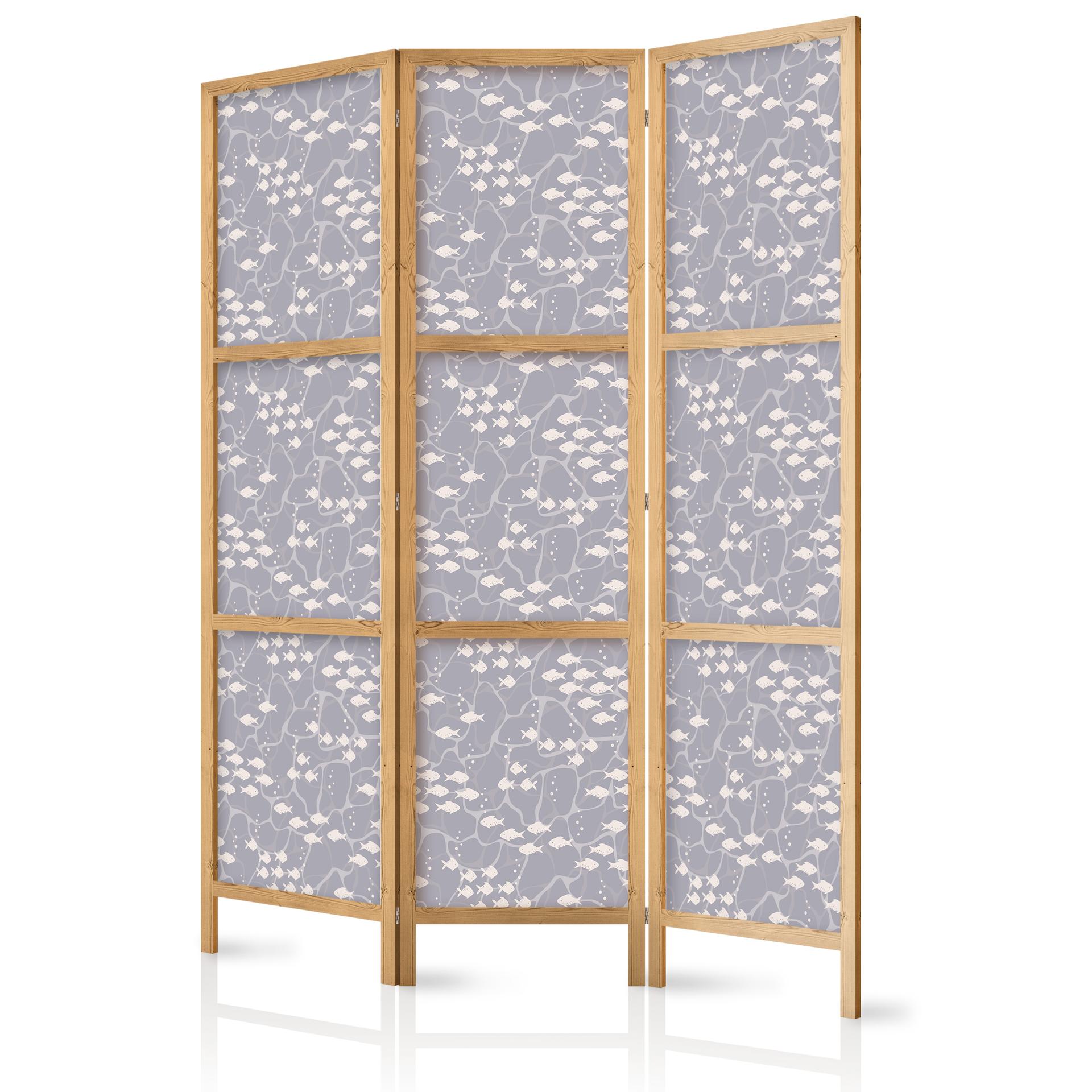 Japanischer Paravent, Raumteiler freistehend, Trennwand - Tiny Light-Beige Fish: Oceanic Depths