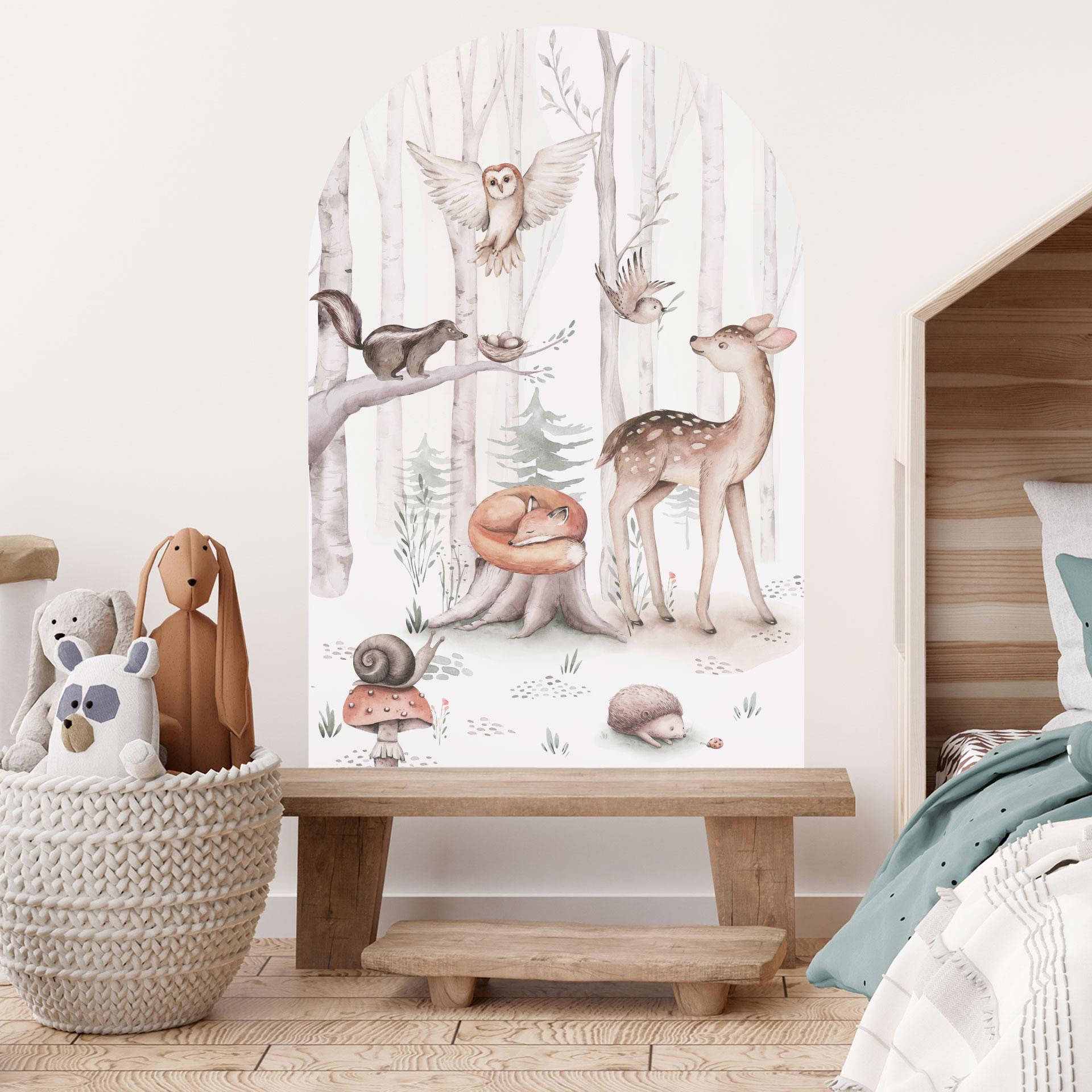 Wallsticker rundbuevægpanel Søde dyr i skoven - Kvilis - bred
