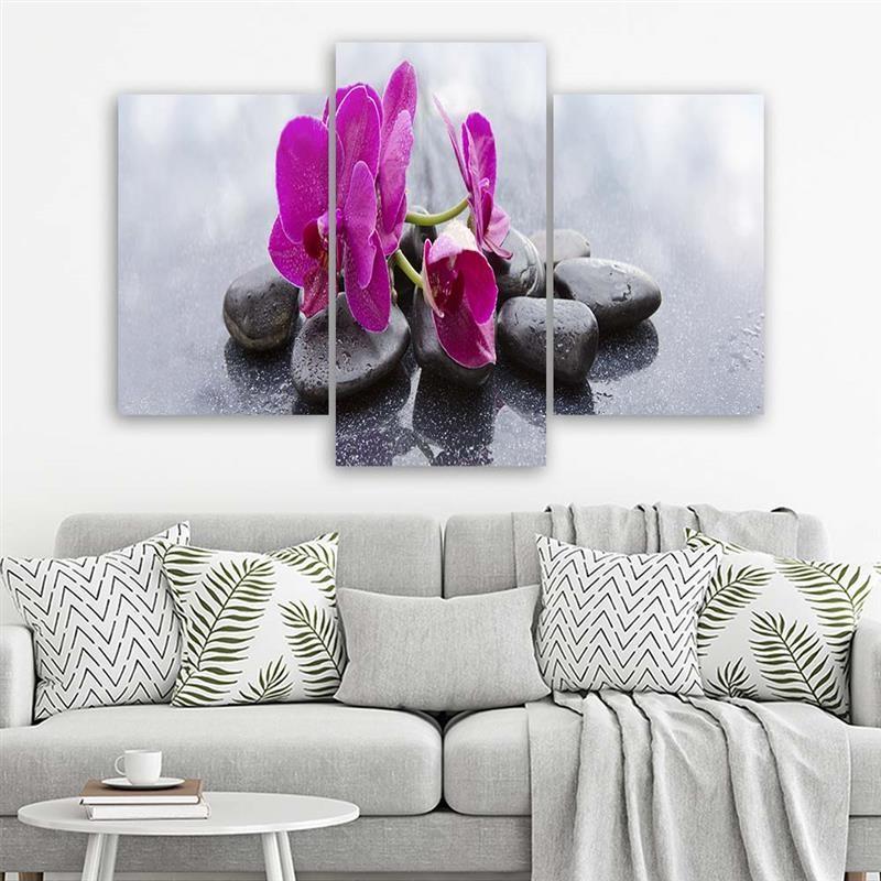 3 stykke lærred print, orkidé blomster sten lilla