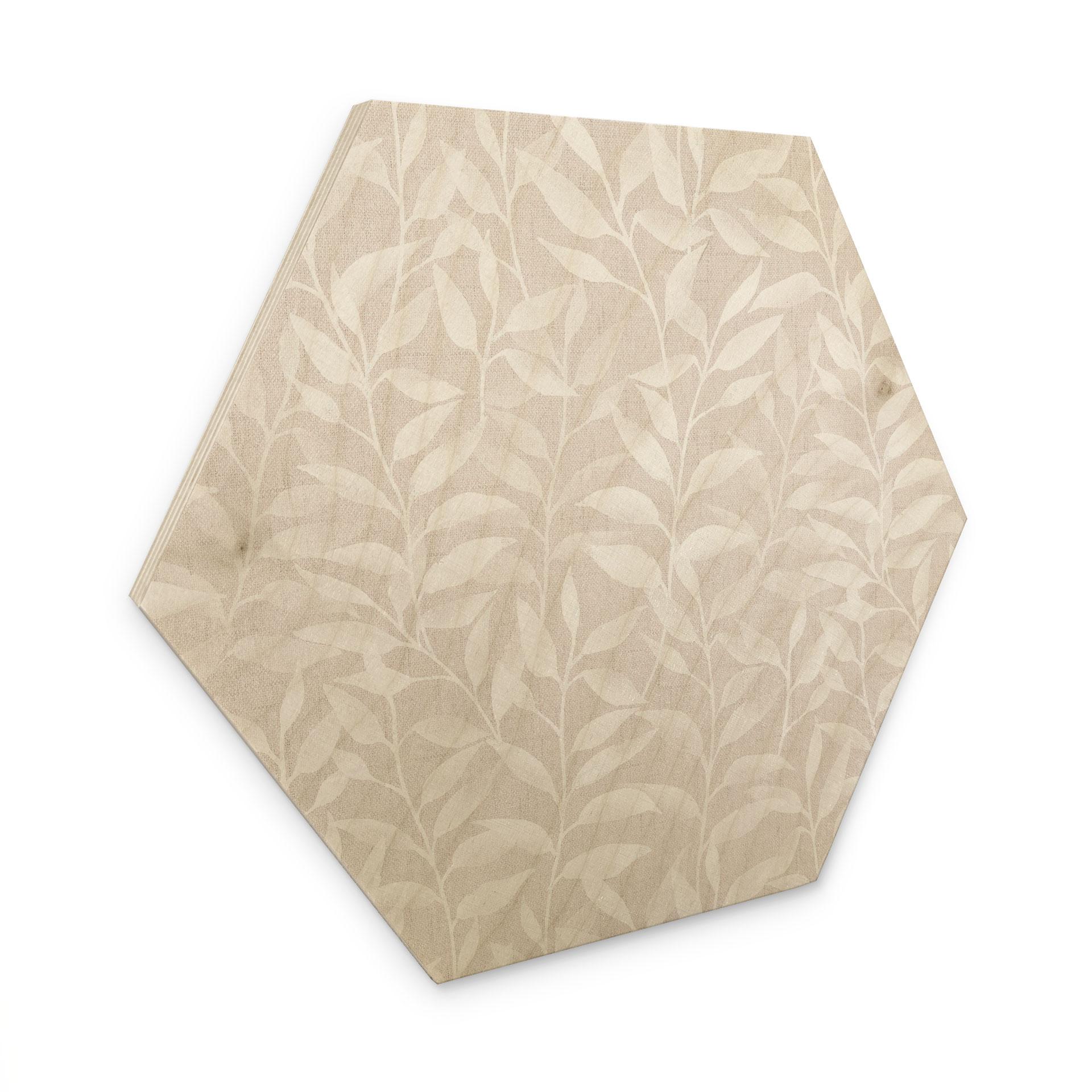Sekskantet Billede af træ Delikate akvarelblade - blød beige - Bloomery Decor