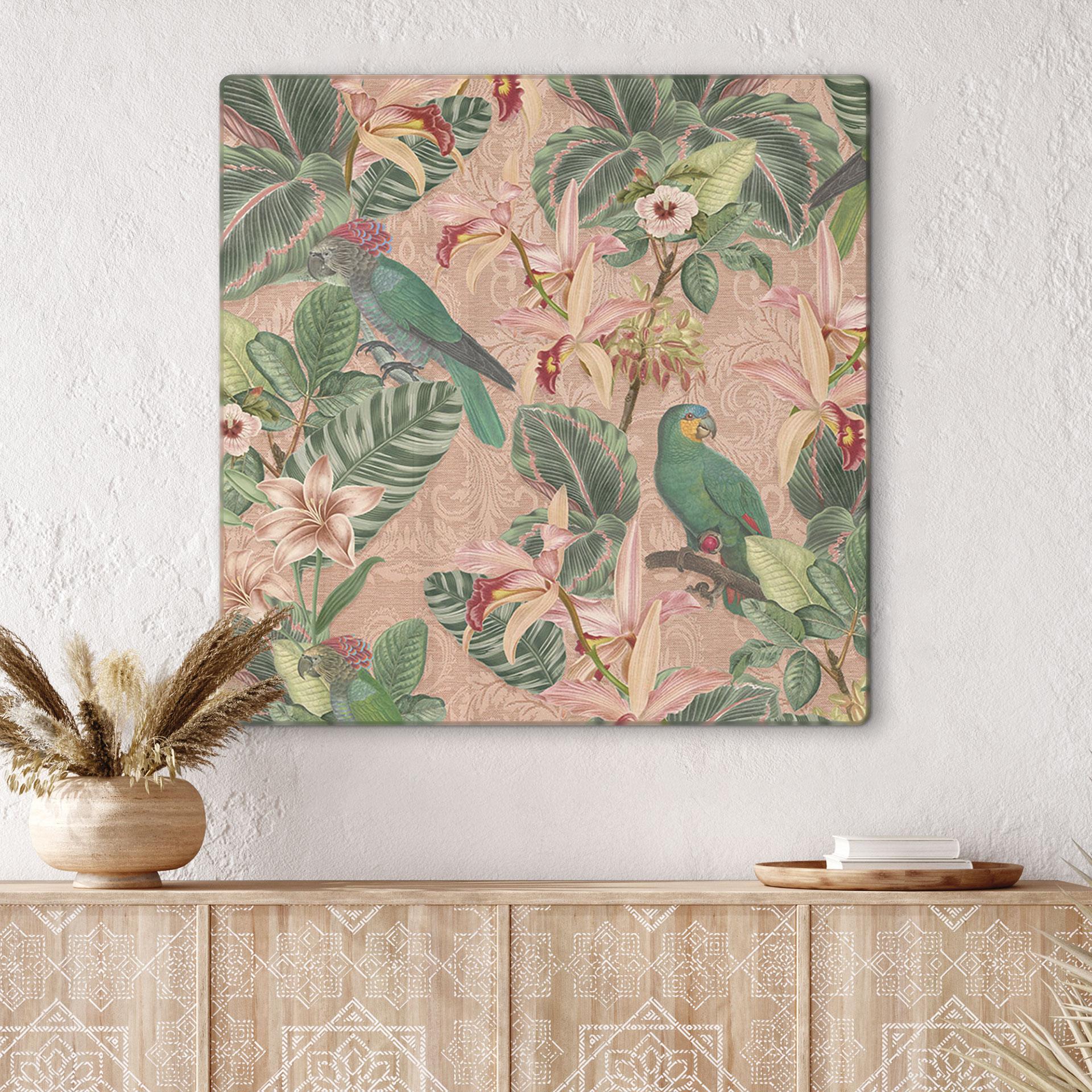 Glasbillede - Jungle med papegøjer Pink - Bloomery Decor - Square