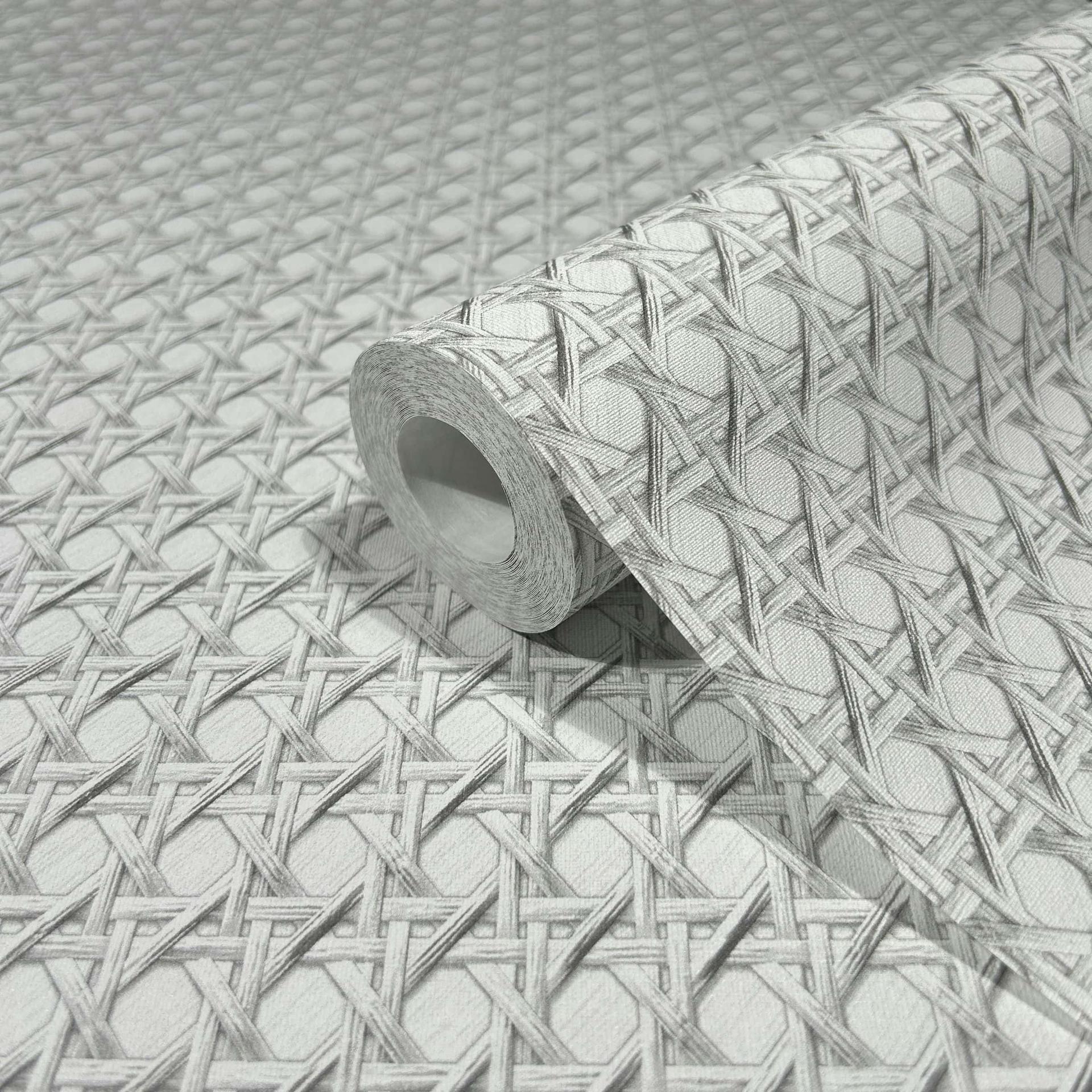 Non-woven tapet i trælook og vævet look hvid, grå trælook