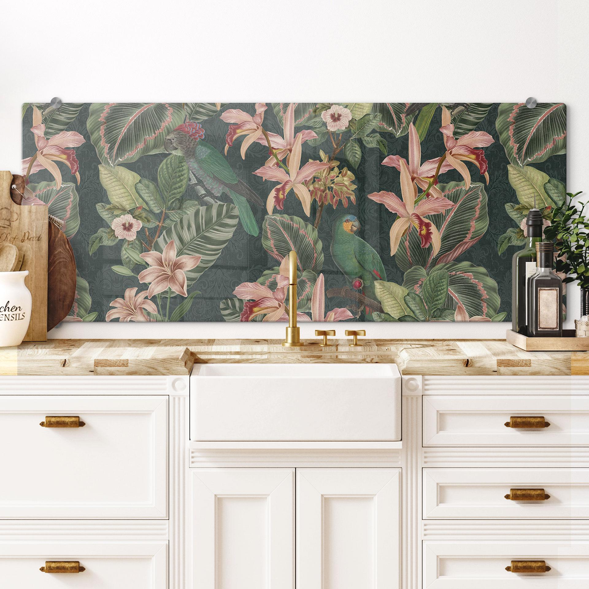 Stænkplade Jungle med papegøjer natgrøn - Bloomery Decor - Panorama