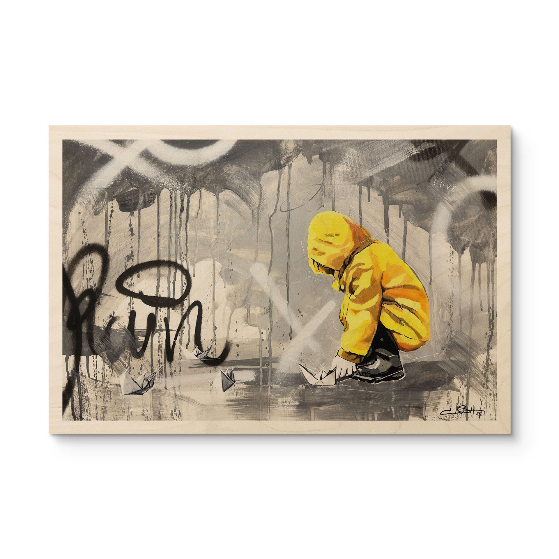 Holzbild Kind mit Papierschiff Streetart - Habib