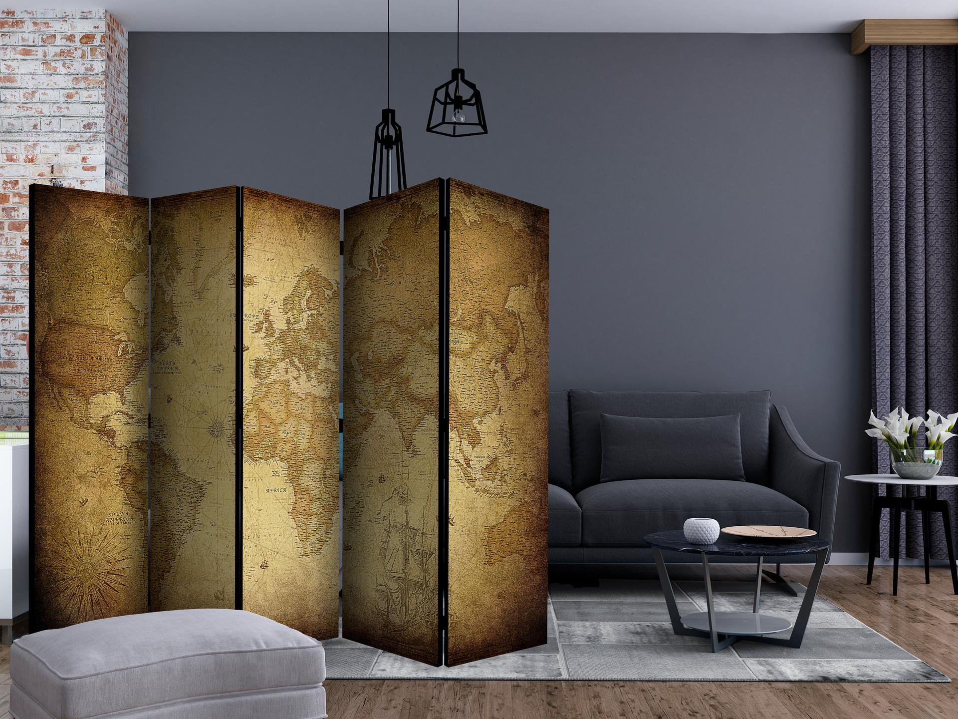 Schermo divisorio - Mappa del mondo - Vecchia mappa , 5 pezzi - 225x172 cm