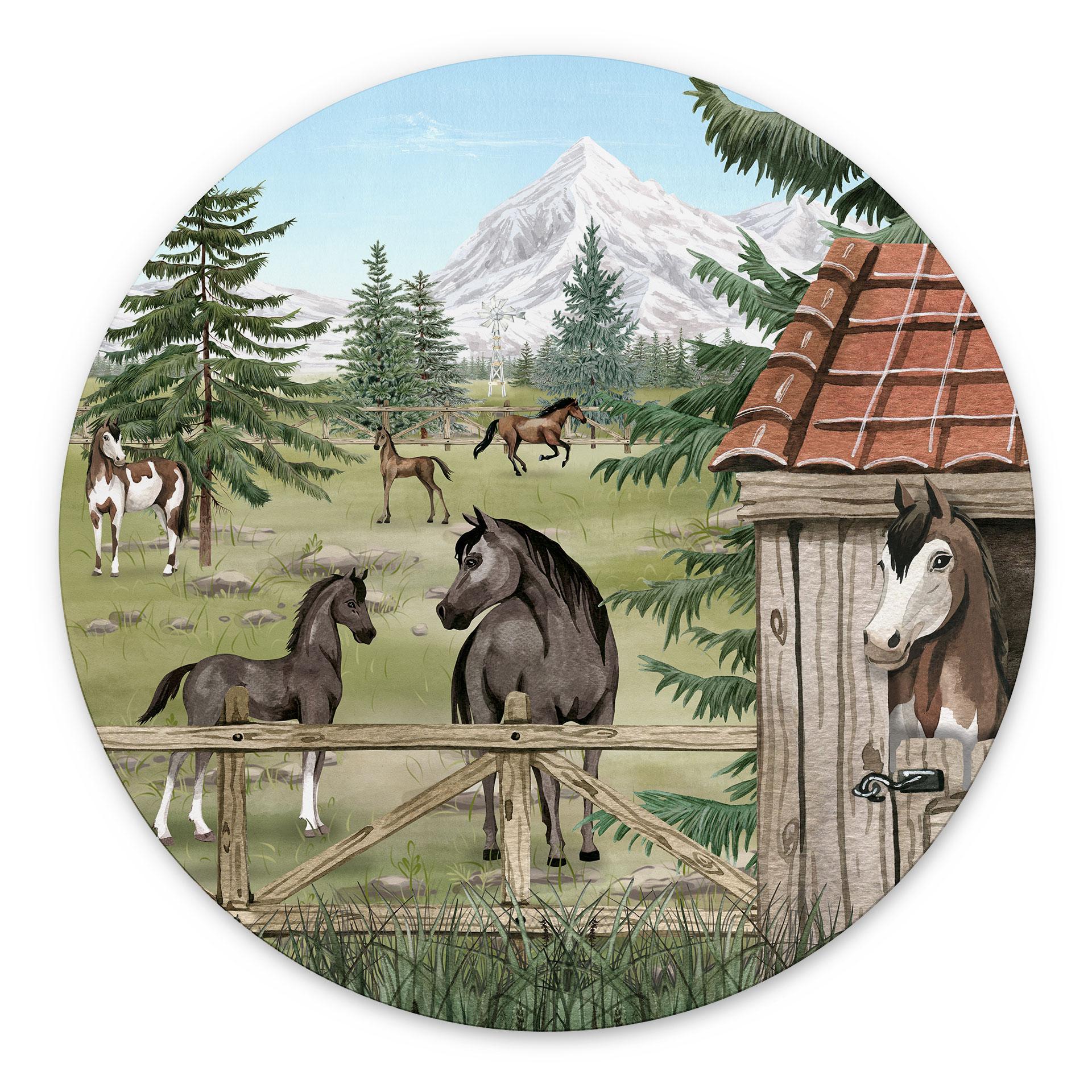 Wanddecoratie Paardenwei in het Natuurpark - Oliver Robins - Alu-Dibond - Rond