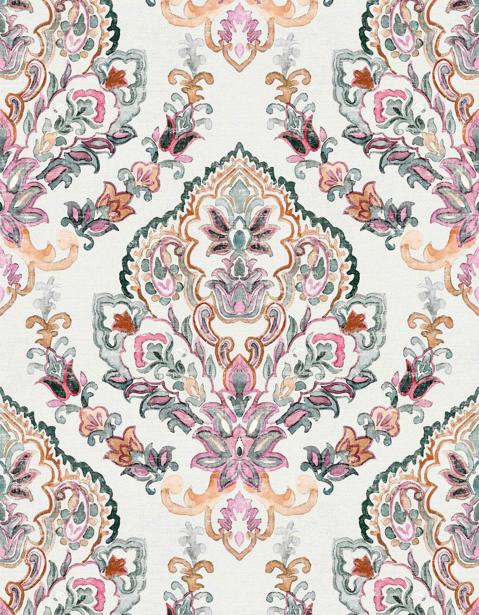 Fototapet med motiv af boho-ornament i pastel med blomstermedaljon 3,4 x 2,65 m