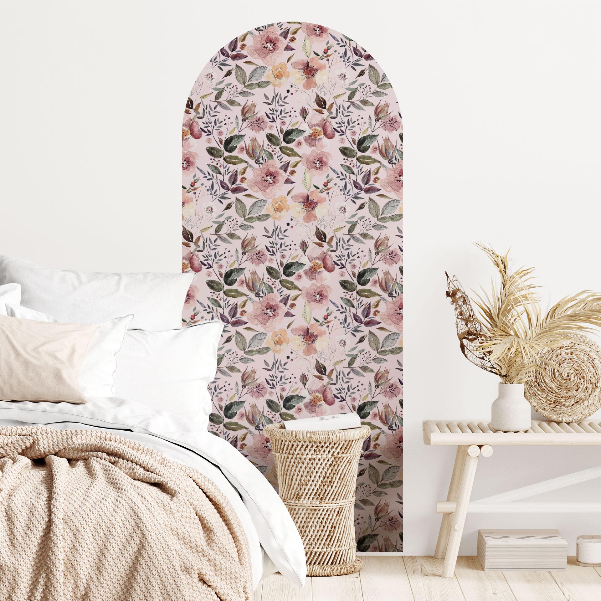 Muursticker ronde boog muurpaneel bloemen in aquarel - UN Design - smal