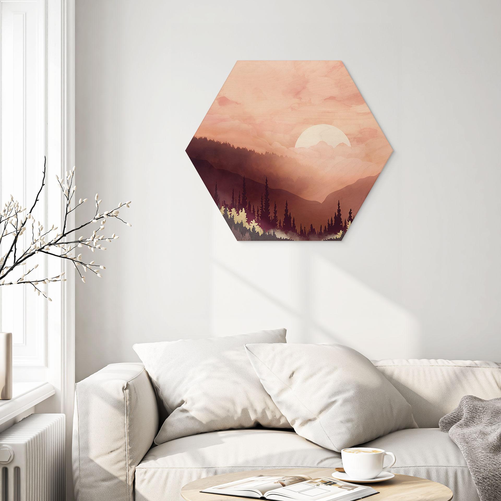 Sekskantet træ Lyserød solnedgang over skoven - SpaceFrog Designs