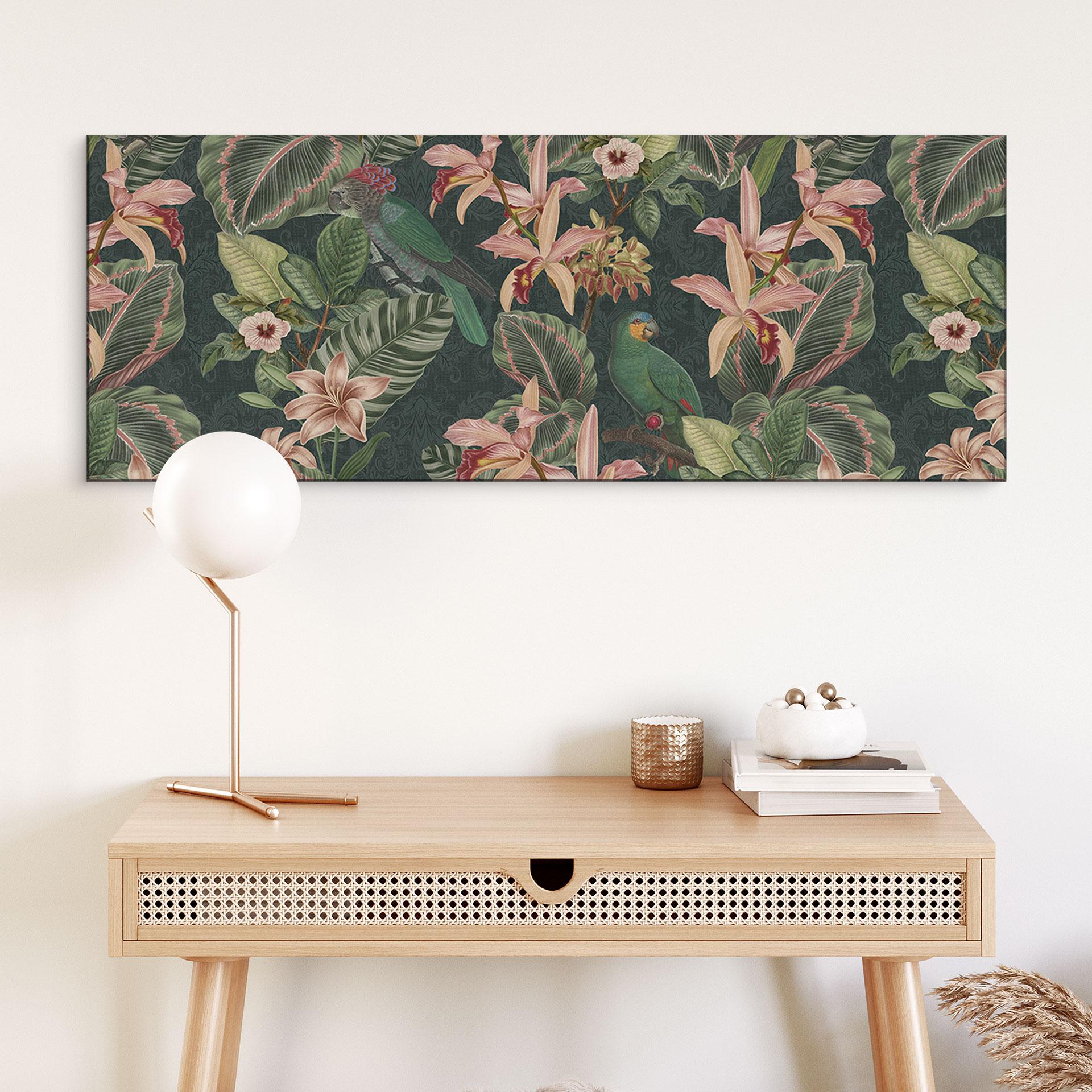 Billede jungle med papegøjer natgrøn - Bloomery Decor panorama – print på aluminium