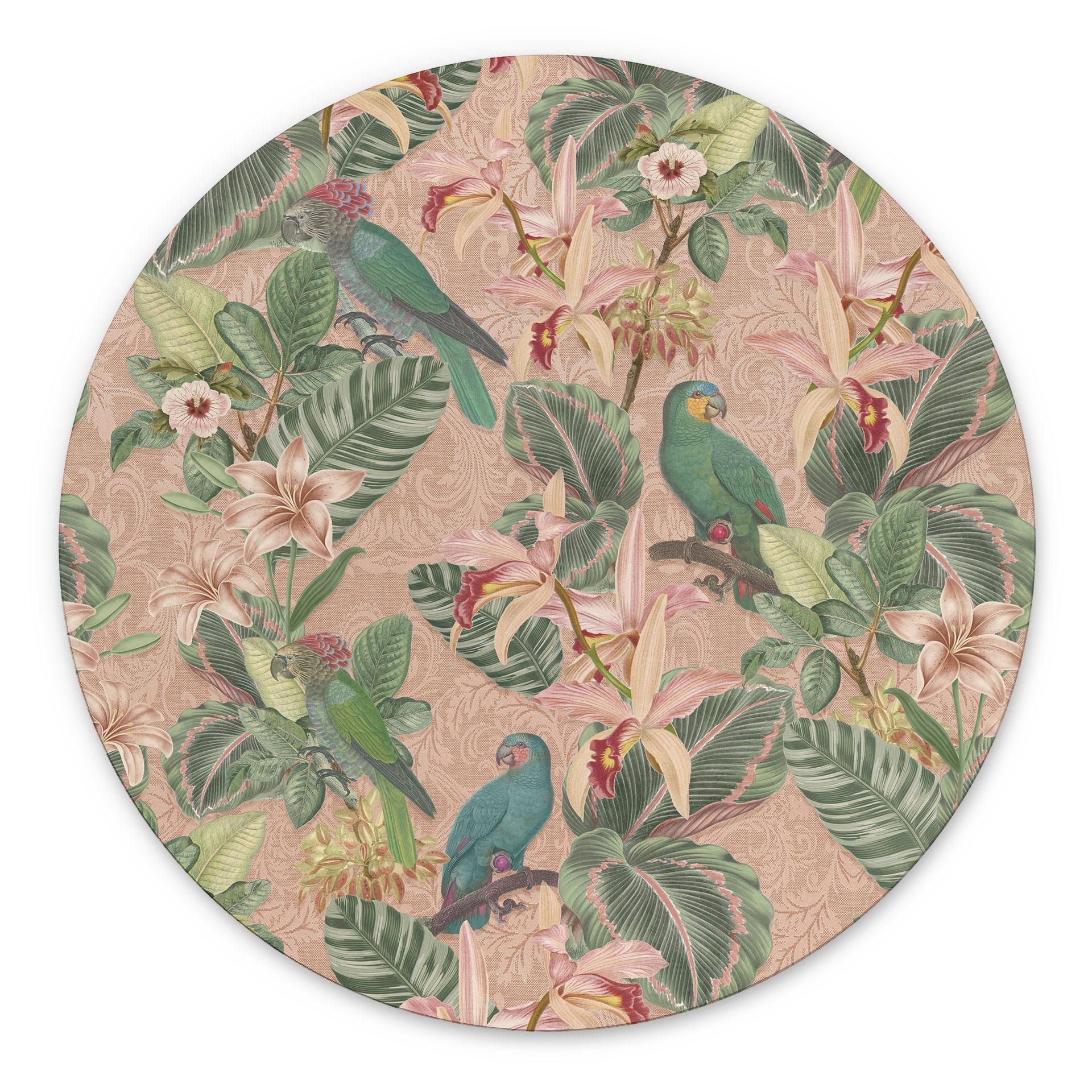Billede Jungle med papegøjer Pink - Bloomery Decor - rund – print på aluminium (Alu-Dibond)