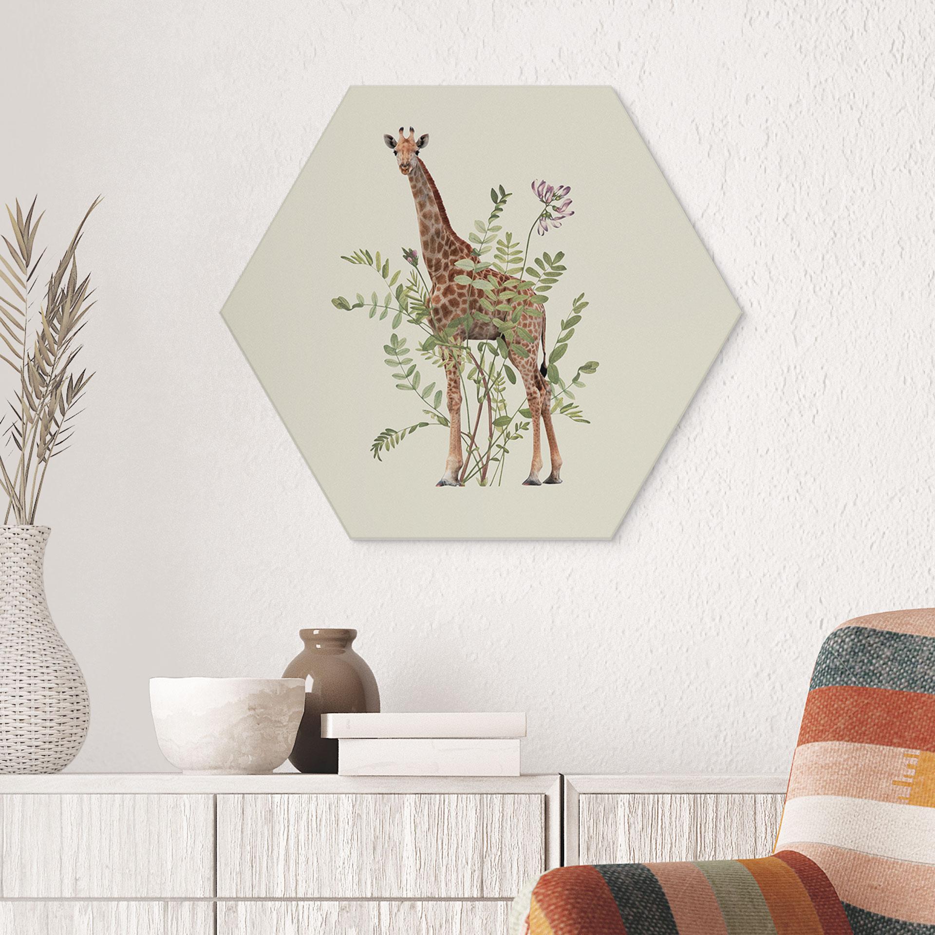 Hexagon-Wandbild Florale Giraffe - Frida Floral Studio - Alu-Dibond