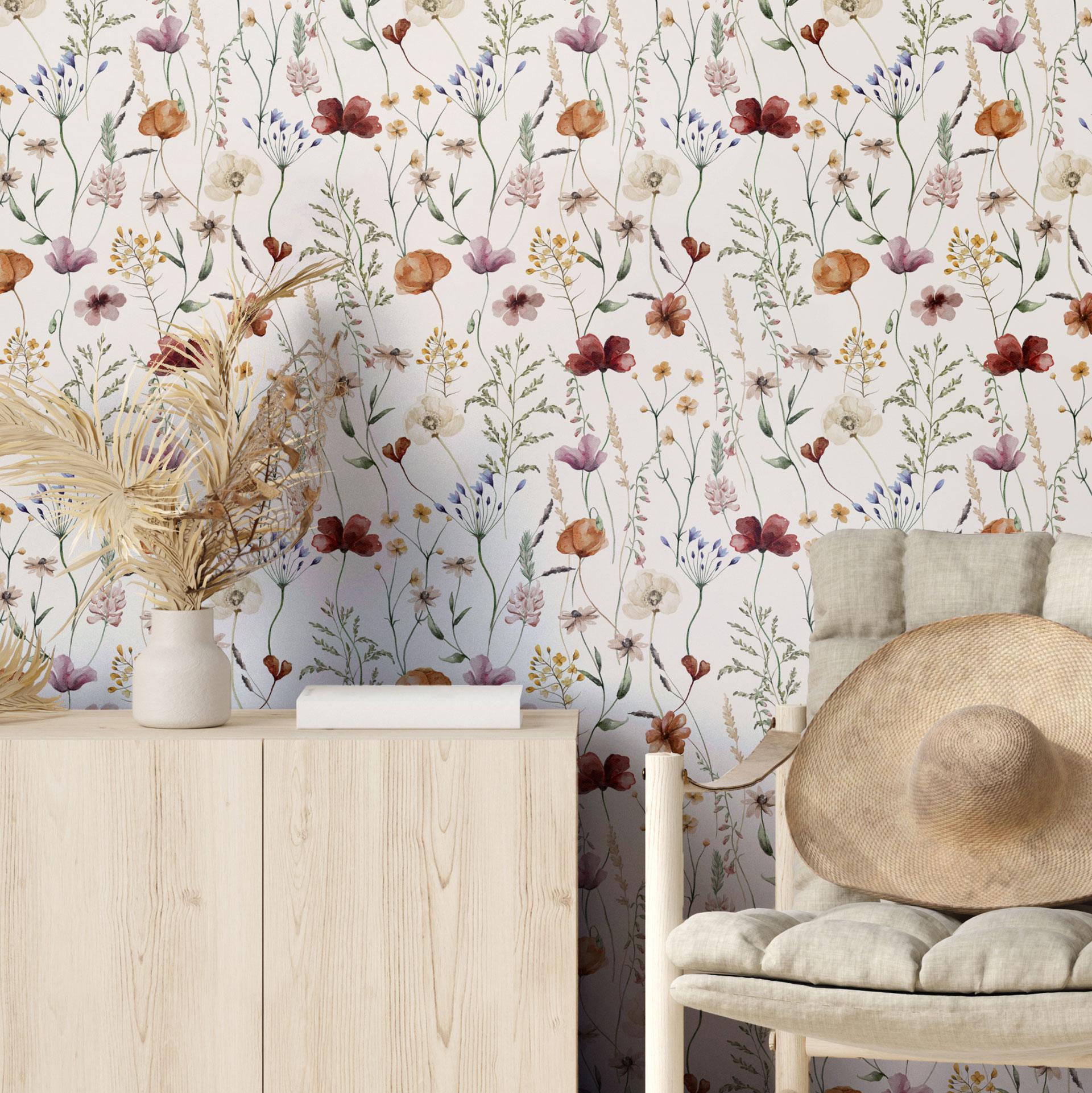 Kleurrijk Patroonbehang met wilde bloemen - Vliesbehang - UN Designs