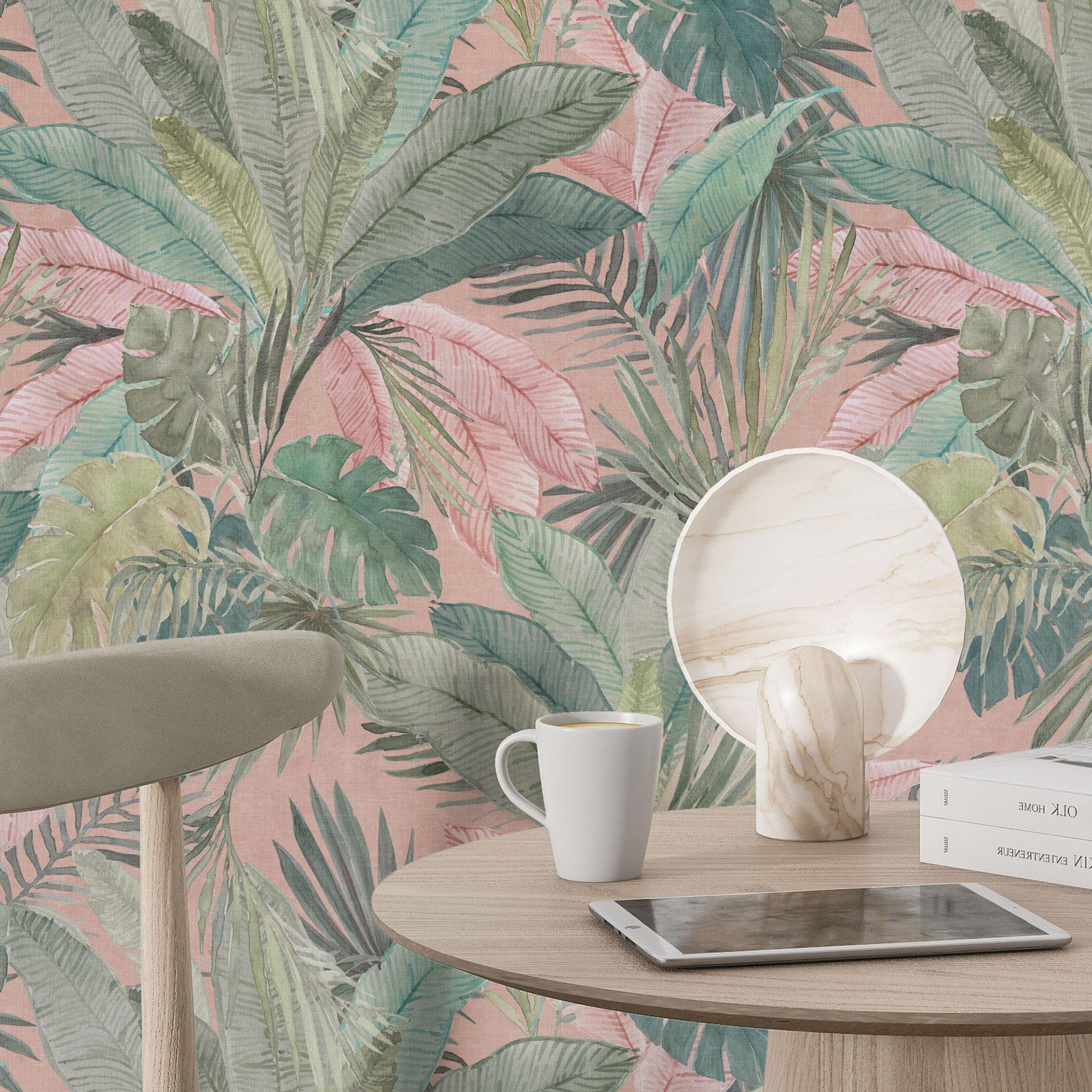 Patroonbehang met bladmotief - tropische bladeren in de jungle roze - Bloomery Decor