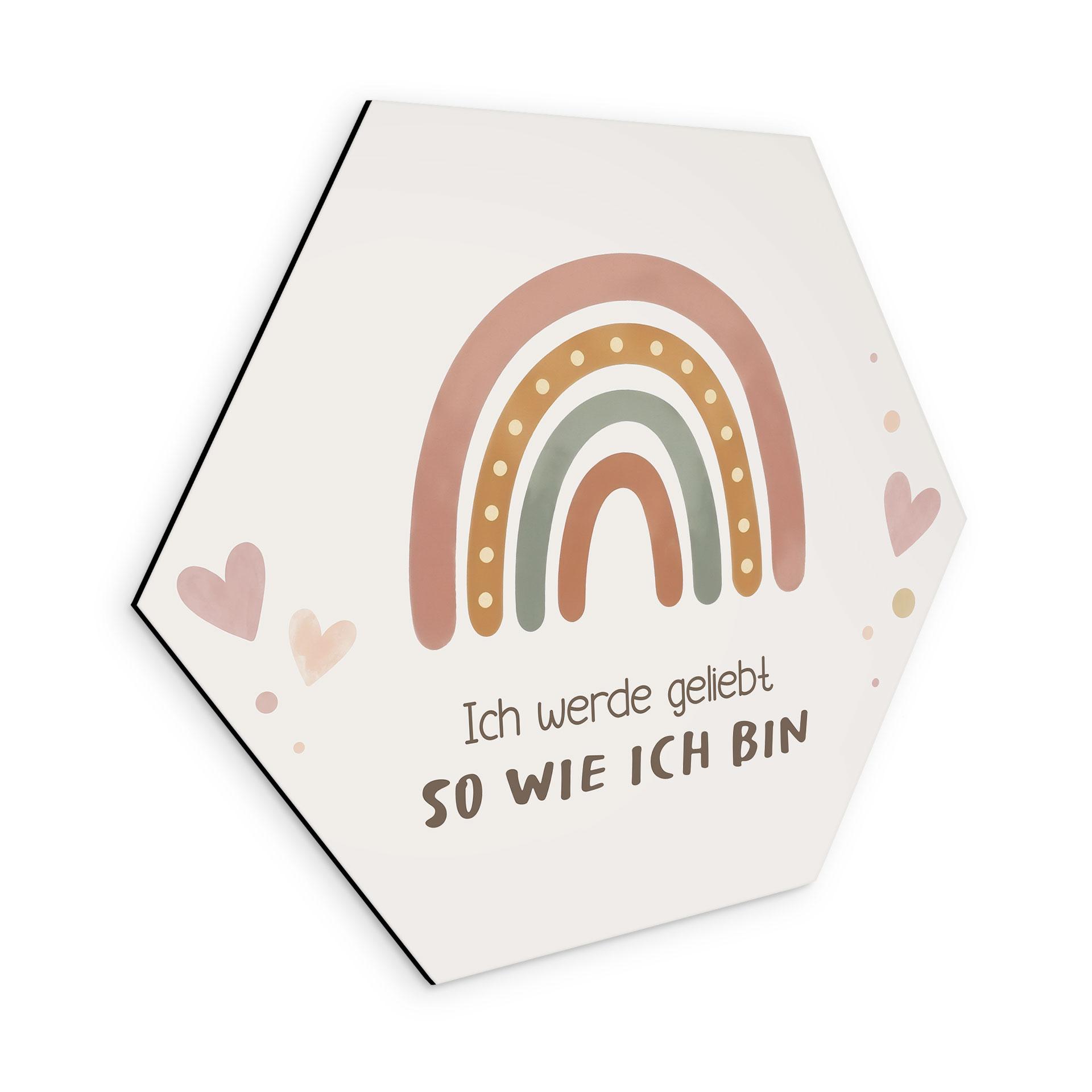 Alu-Dibond Hexagon mit Boho-Regenbogen - positiver Spruch 'Ich werde geliebt'