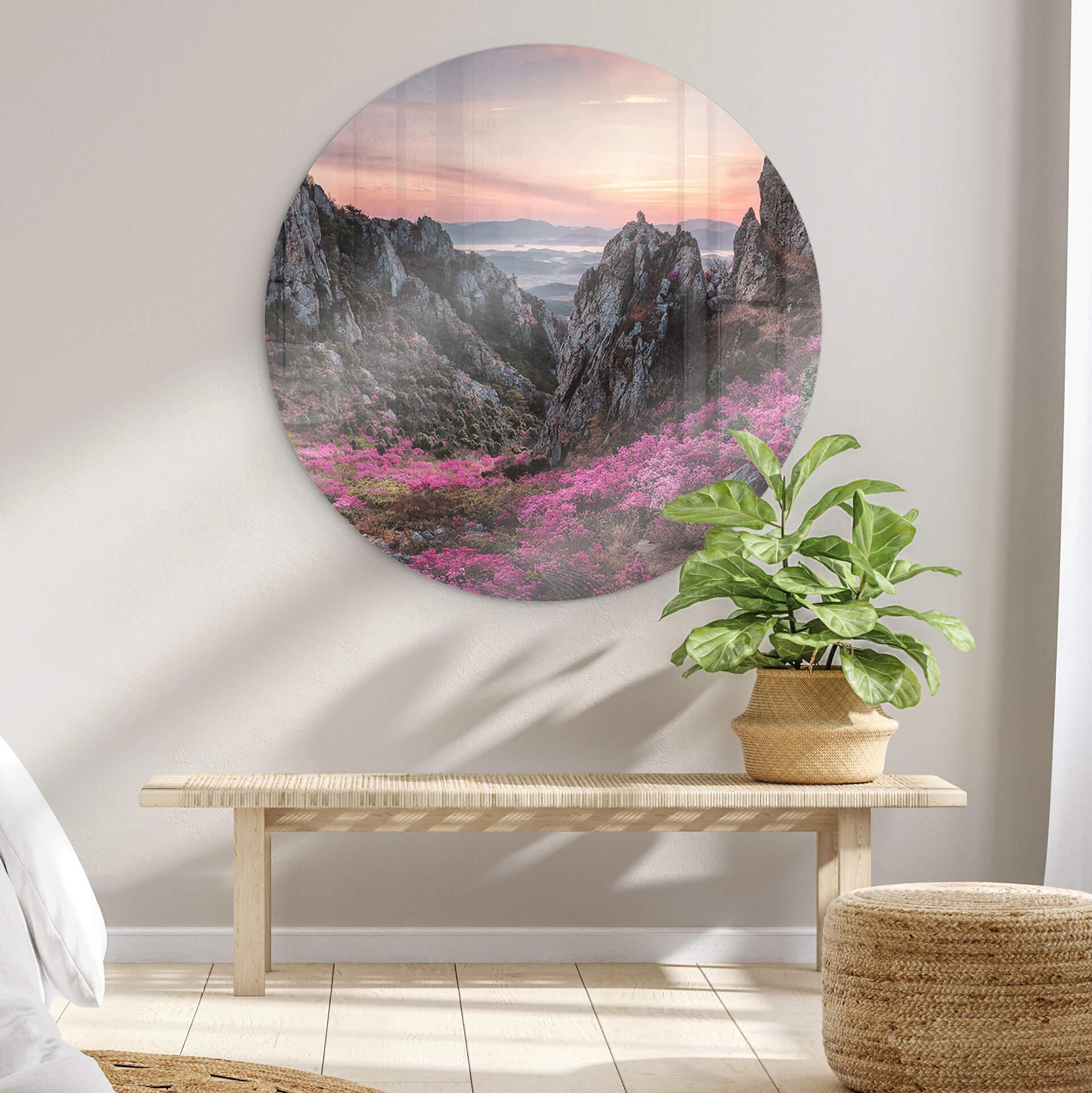 Glasschilderij Rond Seo Rotsachtig Landschap bij zonsondergang