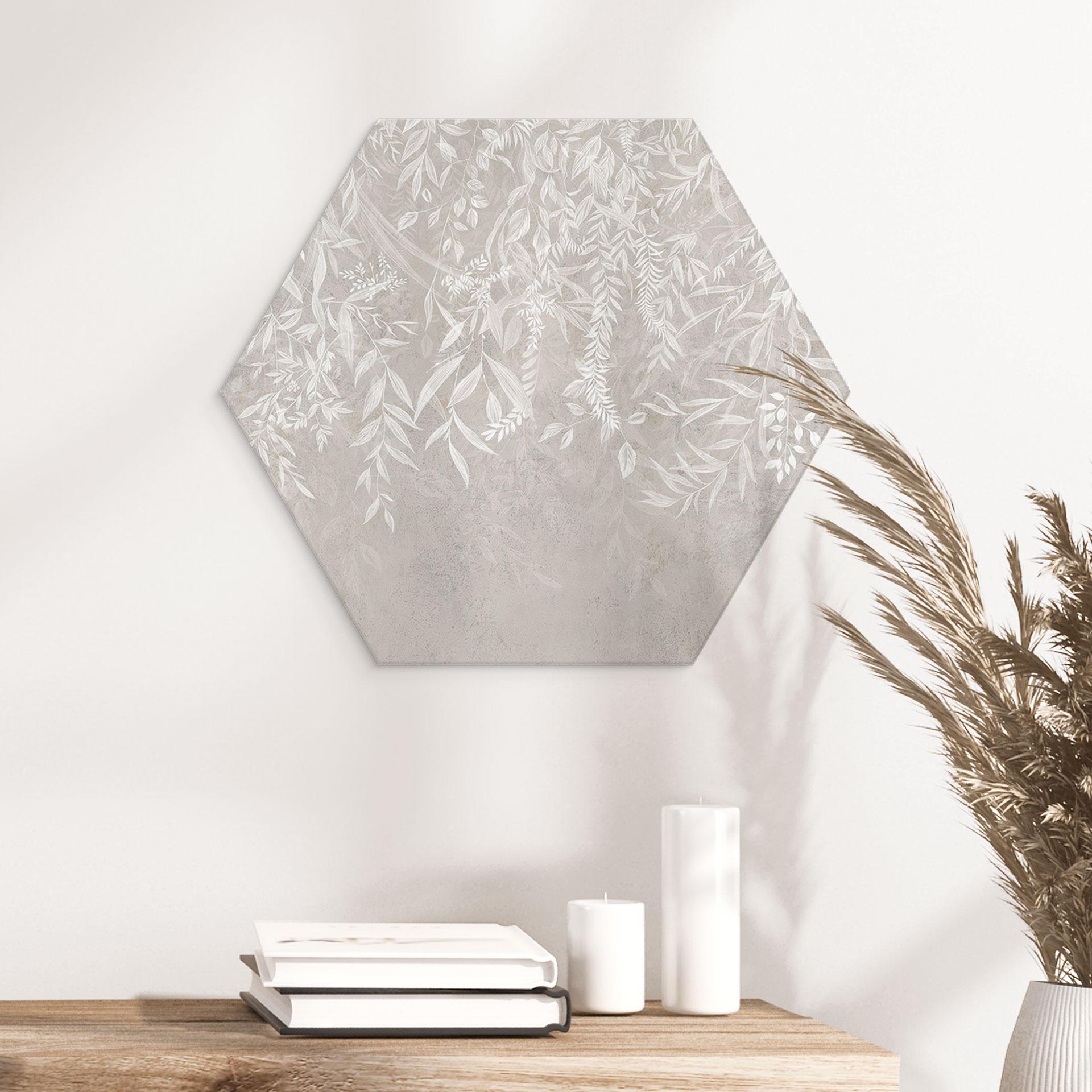 Hexagon Wandbild Elegante Weidenzweige in Beige - Ms Tiff - Alu-Dibond