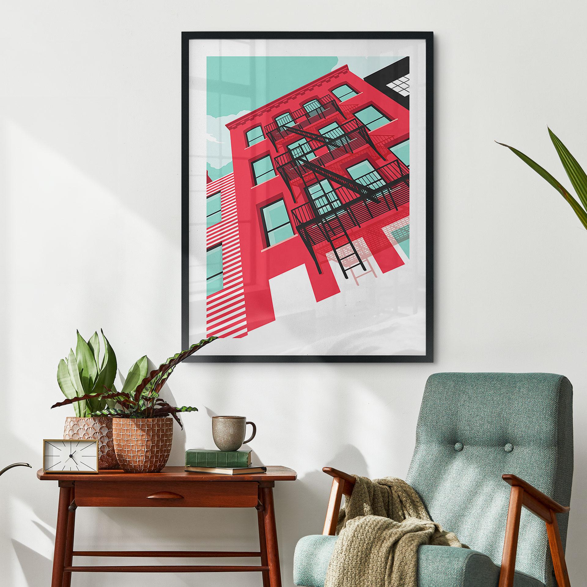 Plakat Czerwona fasada z wyjściem pożarowym w New York - Heemskerk