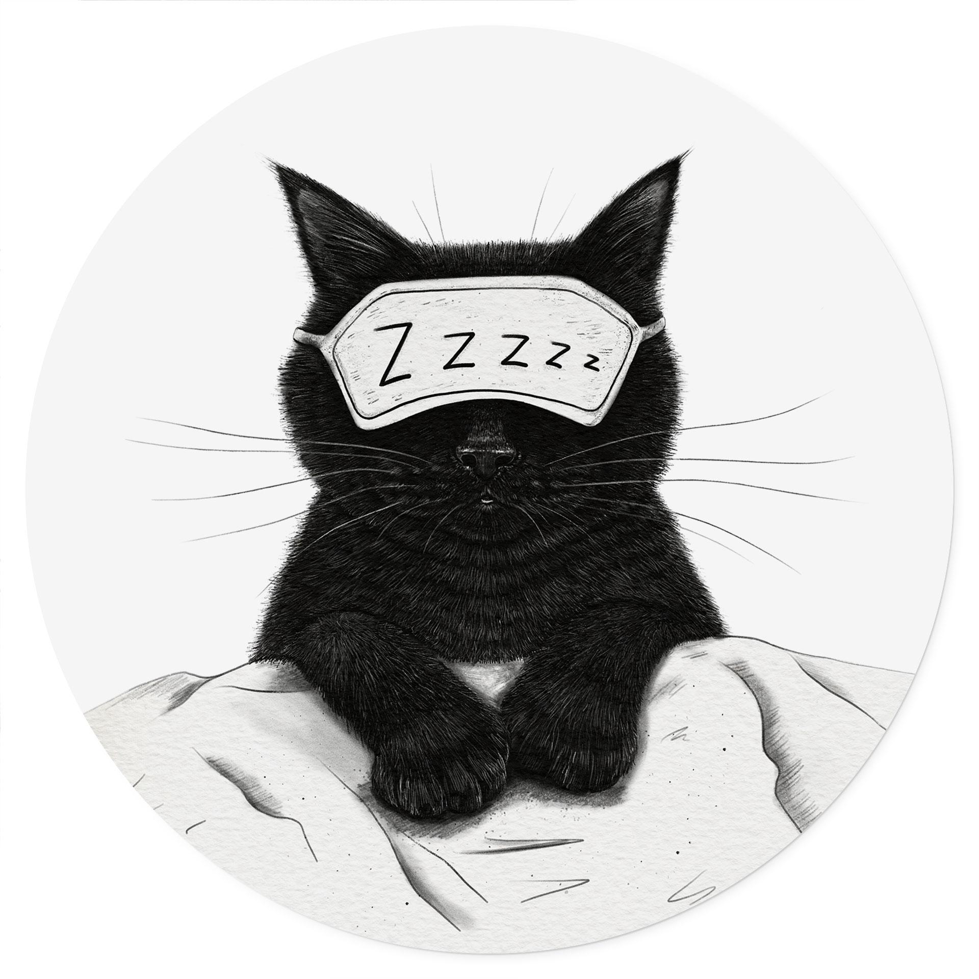 Adesivo murale rotondo Gatto nero con maschera per dormire - Korenkova