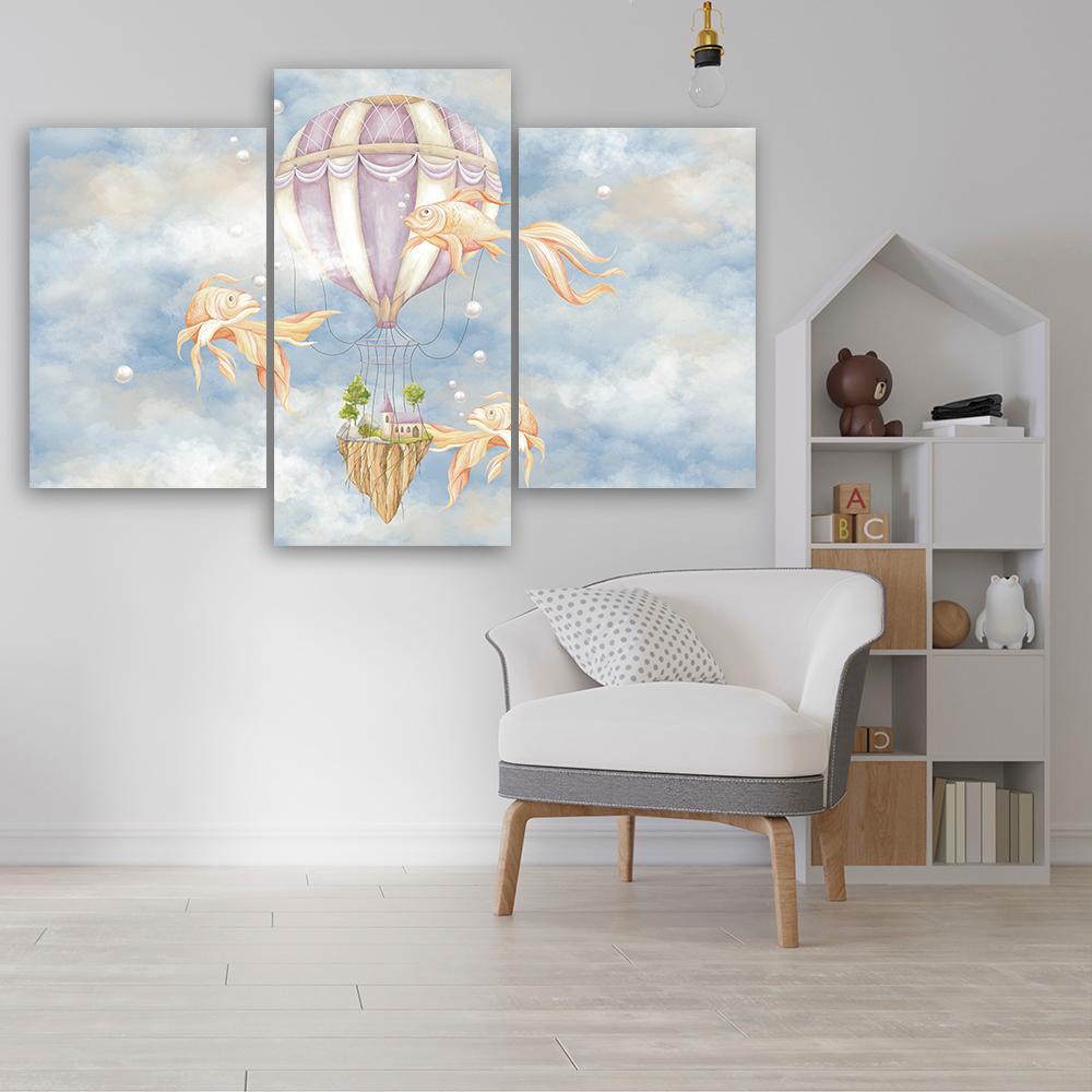 Lærred print 3 stykker, luftballon flyvehus og fisk