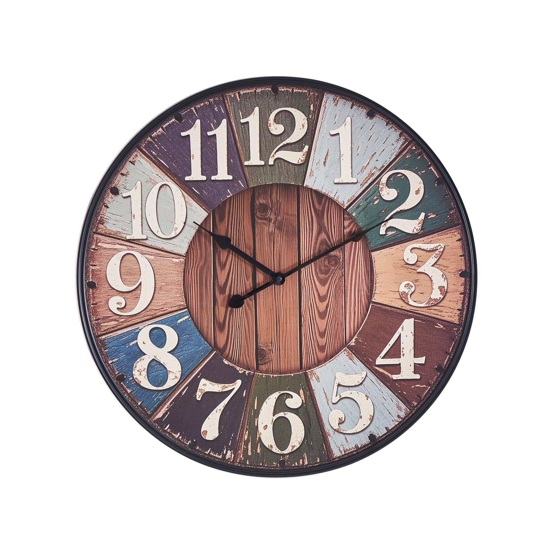 Große Vintage Wanduhr in rustikaler Holzoptik mit Patchwork-Elementen, braun/schwarz, Ø48 cm